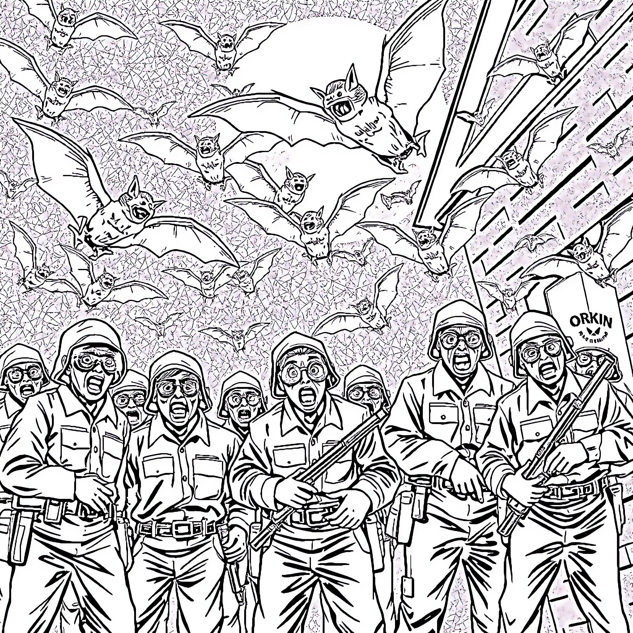Bat soldiers bravely facing a swarm of bats Coloring Page (free black-and-white line drawing printable PDF for all, from beginners to advanced learners, including children, teens, adults, and seniors)