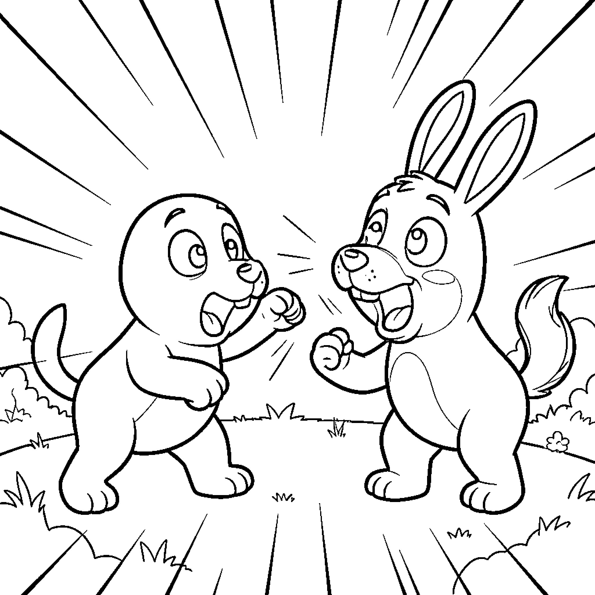 Sprunki characters dancing joyfully in a sunny field Coloring Page (free black-and-white line drawing printable PDF for all, from beginners to advanced learners, including children, teens, adults, and seniors)