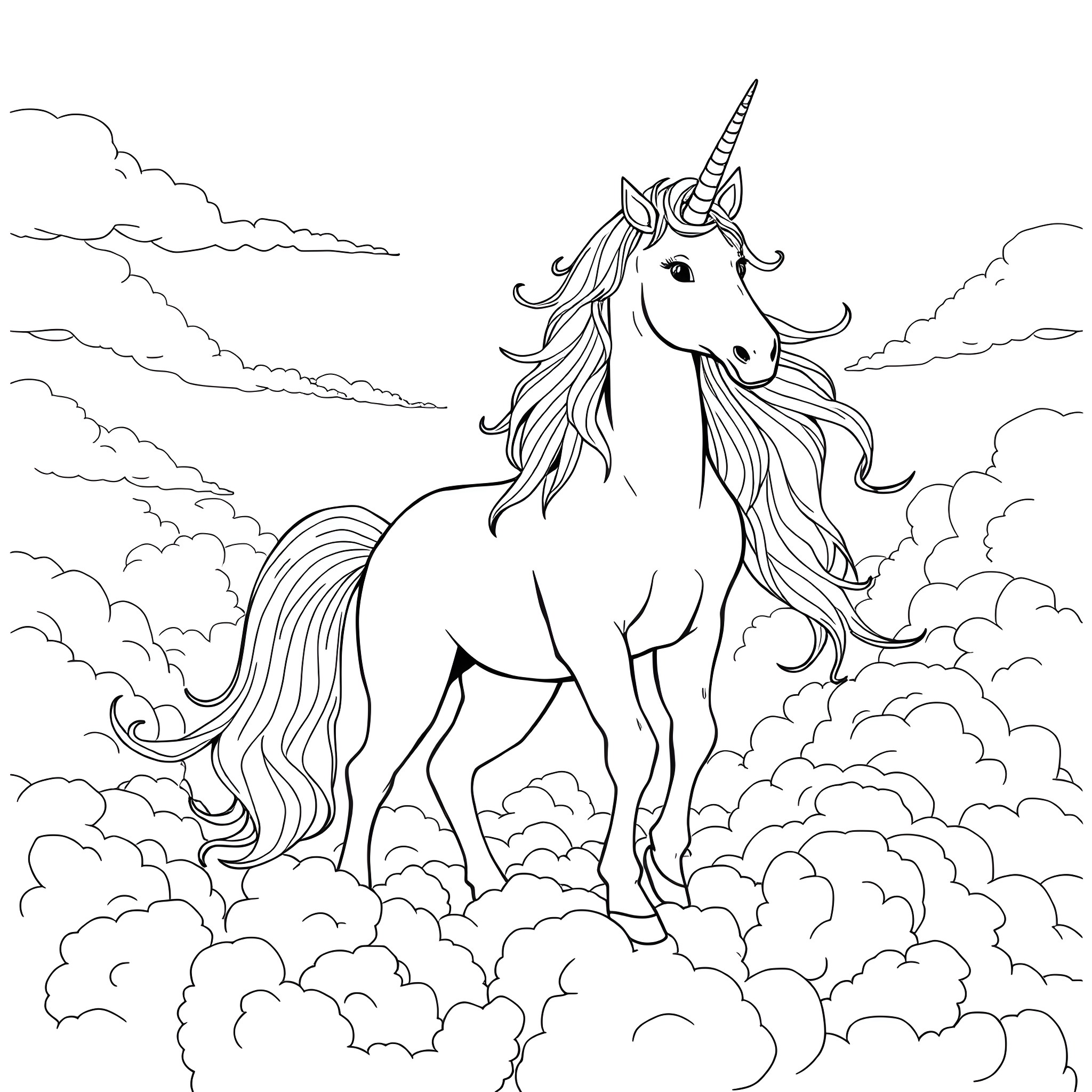 Unicorn standing majestically in the clouds Coloring Page (free black-and-white line drawing printable PDF for all, from beginners to advanced learners, including children, teens, adults, and seniors)