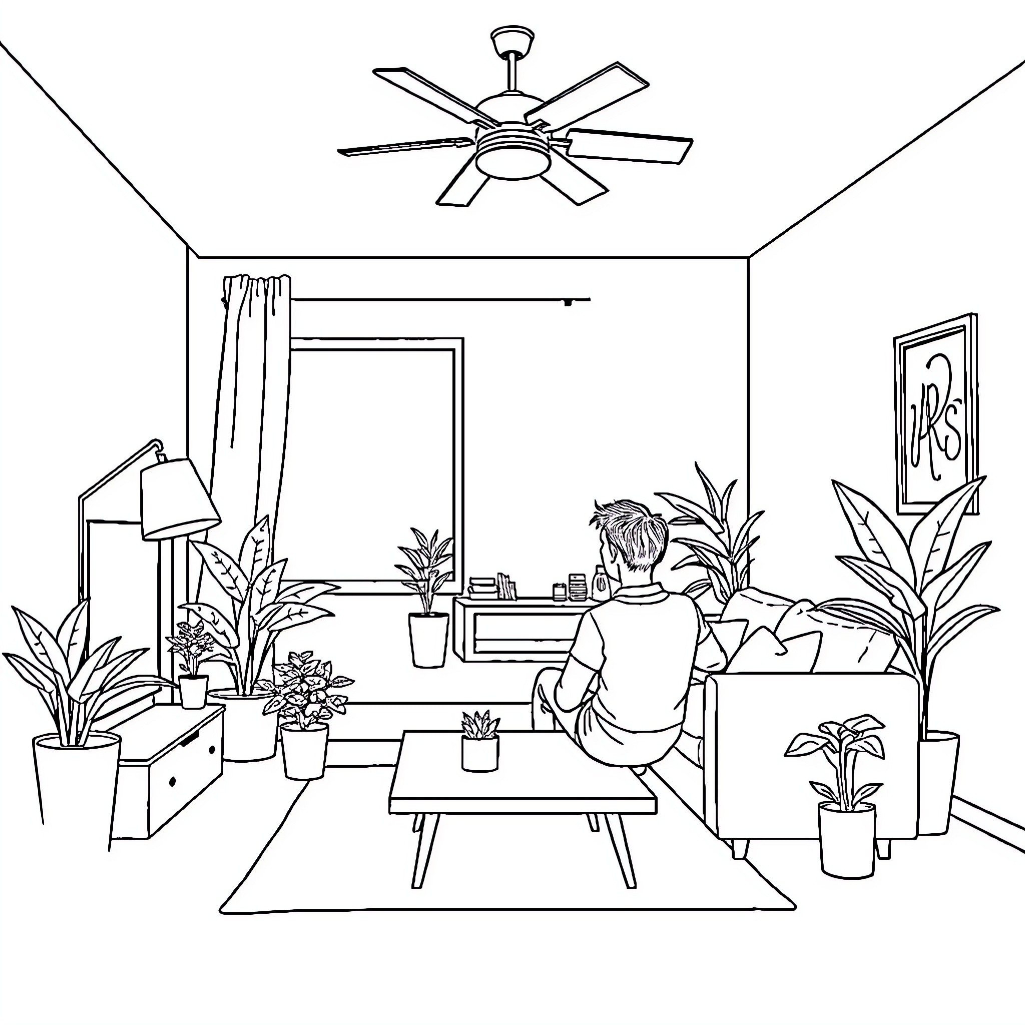 Living Room Filled with Greenery and Cozy Furnishings Coloring Page (free black-and-white line drawing printable PDF for all, from beginners to advanced learners, including children, teens, adults, and seniors)