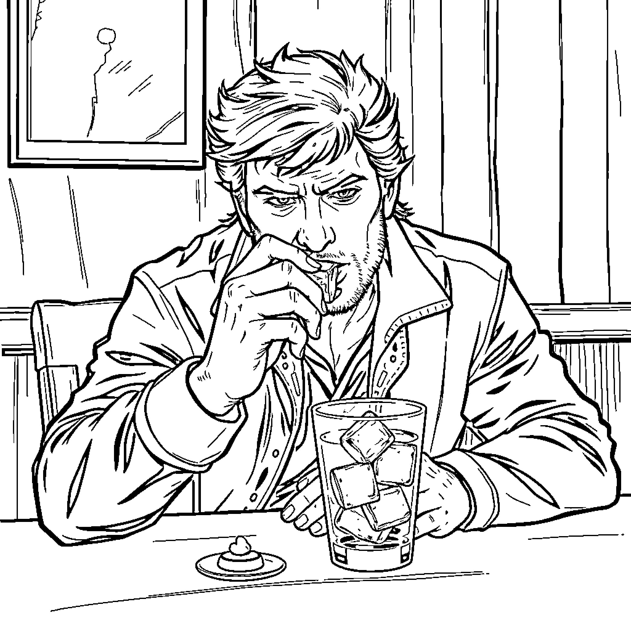Macgyver ponders his next ingenious move over a drink Coloring Page (free black-and-white line drawing printable PDF for all, from beginners to advanced learners, including children, teens, adults, and seniors)