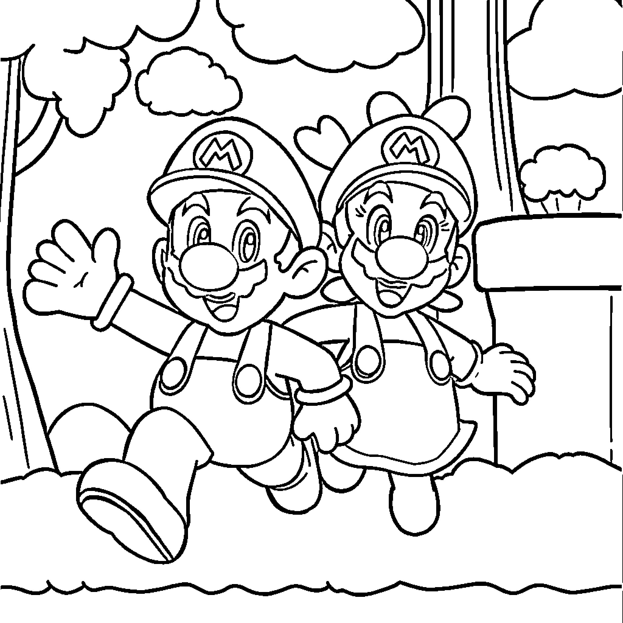 Mario Brothers Explore the Forest Coloring Page (free black-and-white line drawing printable PDF for all, from beginners to advanced learners, including children, teens, adults, and seniors)