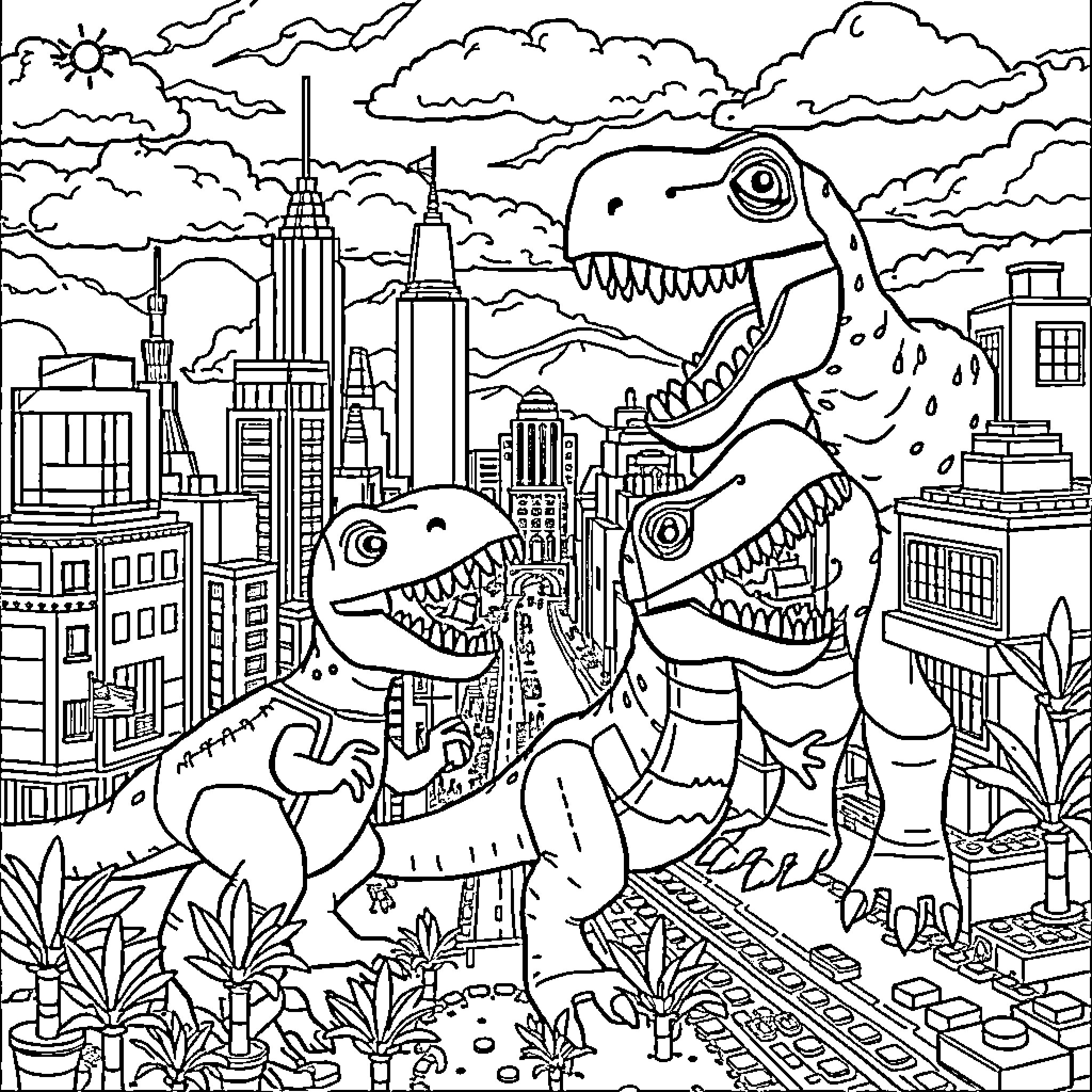 Dinosaur monsters roaming through a city Coloring Page (free black-and-white line drawing printable PDF for all, from beginners to advanced learners, including children, teens, adults, and seniors)