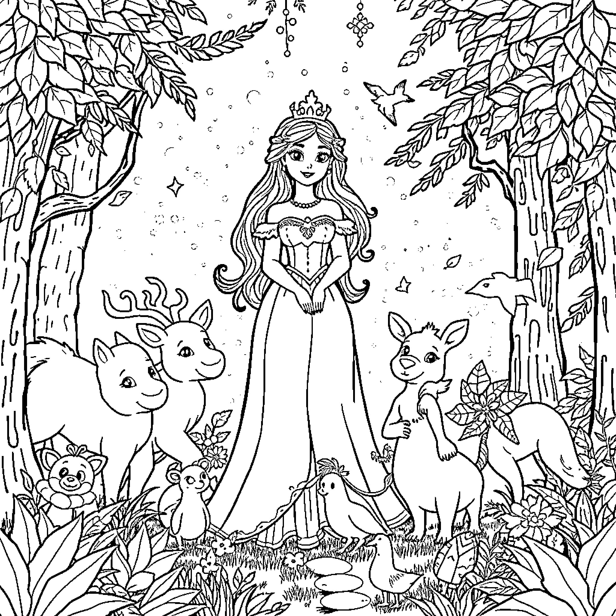 Snow White surrounded by woodland creatures Coloring Page (free black-and-white line drawing printable PDF for all, from beginners to advanced learners, including children, teens, adults, and seniors)