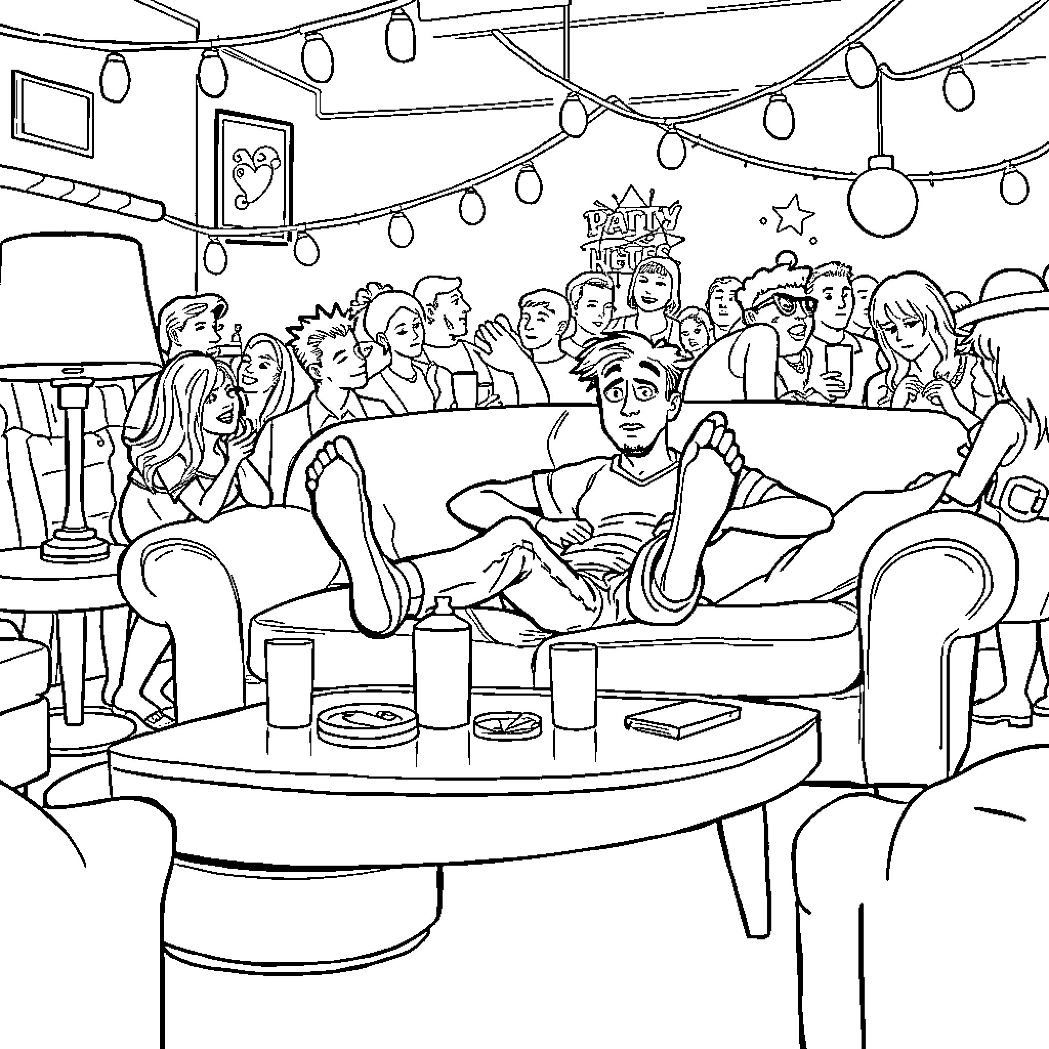 Boyfriend Enjoying Party with Friends Coloring Page (free black-and-white line drawing printable PDF for all, from beginners to advanced learners, including children, teens, adults, and seniors)