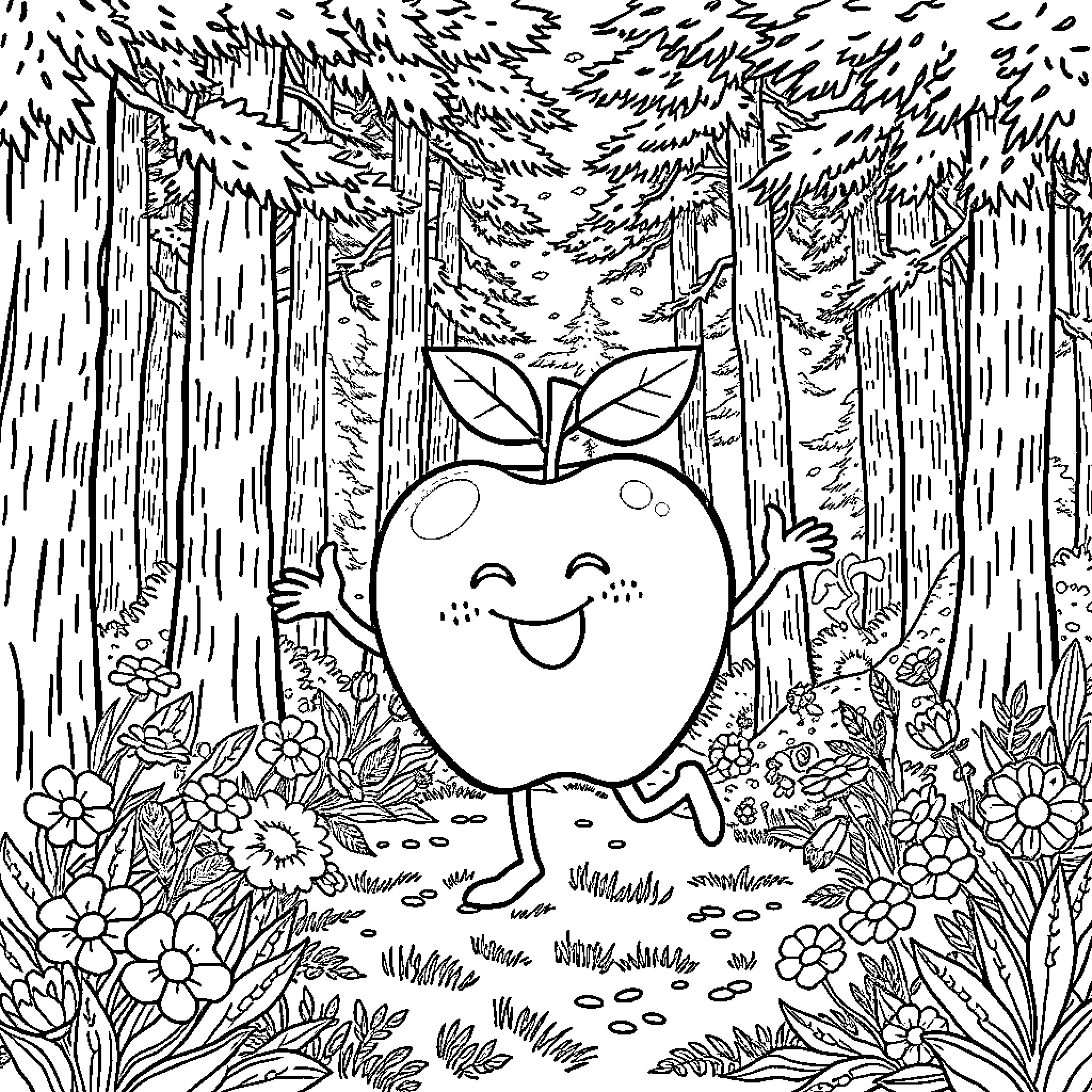 Apple Character Exploring the Enchanted Forest Coloring Page (free black-and-white line drawing printable PDF for all, from beginners to advanced learners, including children, teens, adults, and seniors)