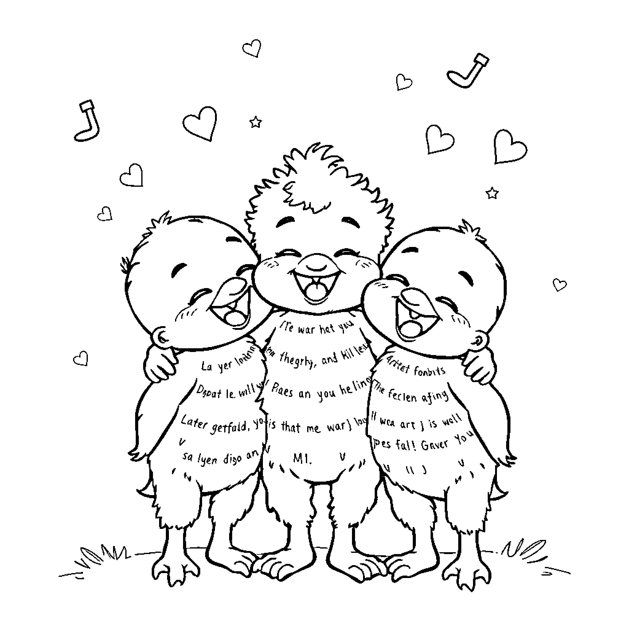 Hermano's Playful Encounter with Cheerful Friends Coloring Page (free black-and-white line drawing printable PDF for all, from beginners to advanced learners, including children, teens, adults, and seniors)