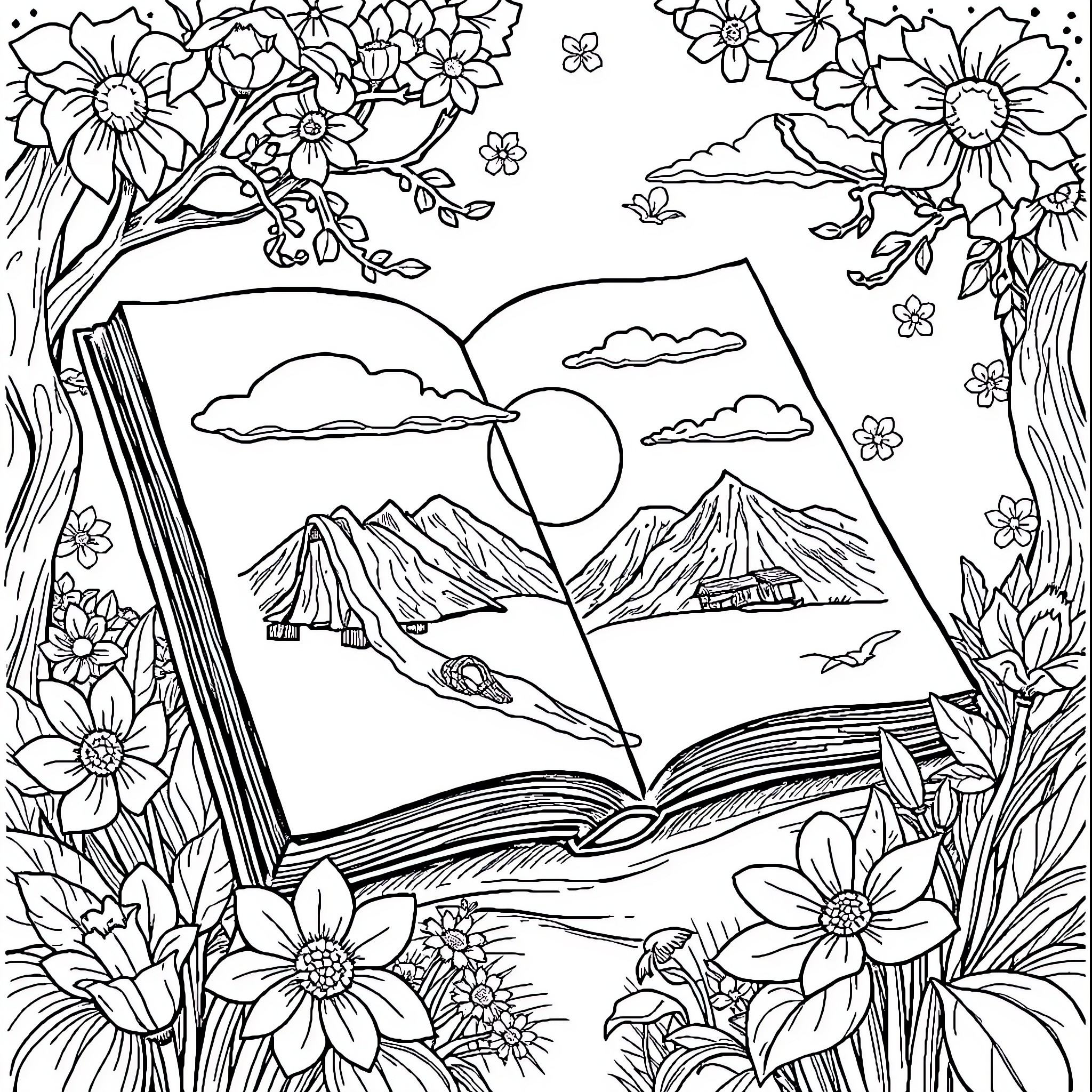 Book showcasing nature's beauty and landscape Coloring Page (free black-and-white line drawing printable PDF for all, from beginners to advanced learners, including children, teens, adults, and seniors)