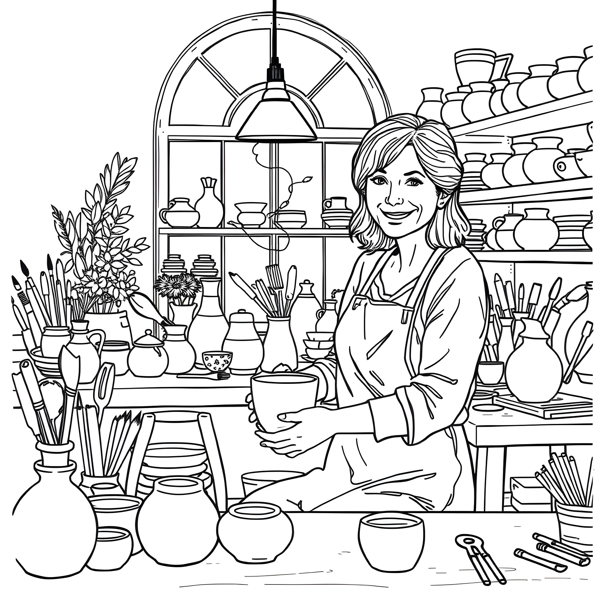 Ceramicist working in her studio surrounded by crafts Coloring Page (free black-and-white line drawing printable PDF for all, from beginners to advanced learners, including children, teens, adults, and seniors)