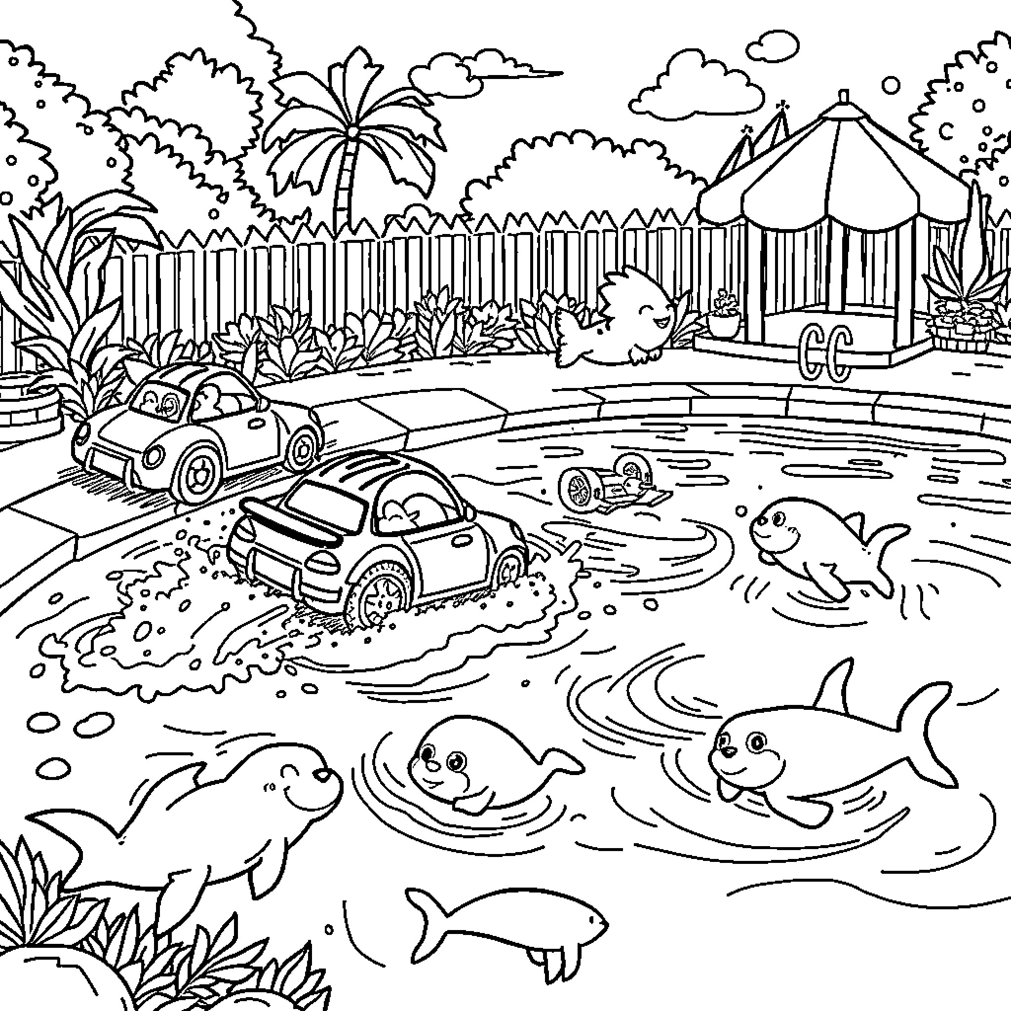Toy Car Adventure in the Tropical Backyard Coloring Page (free black-and-white line drawing printable PDF for all, from beginners to advanced learners, including children, teens, adults, and seniors)