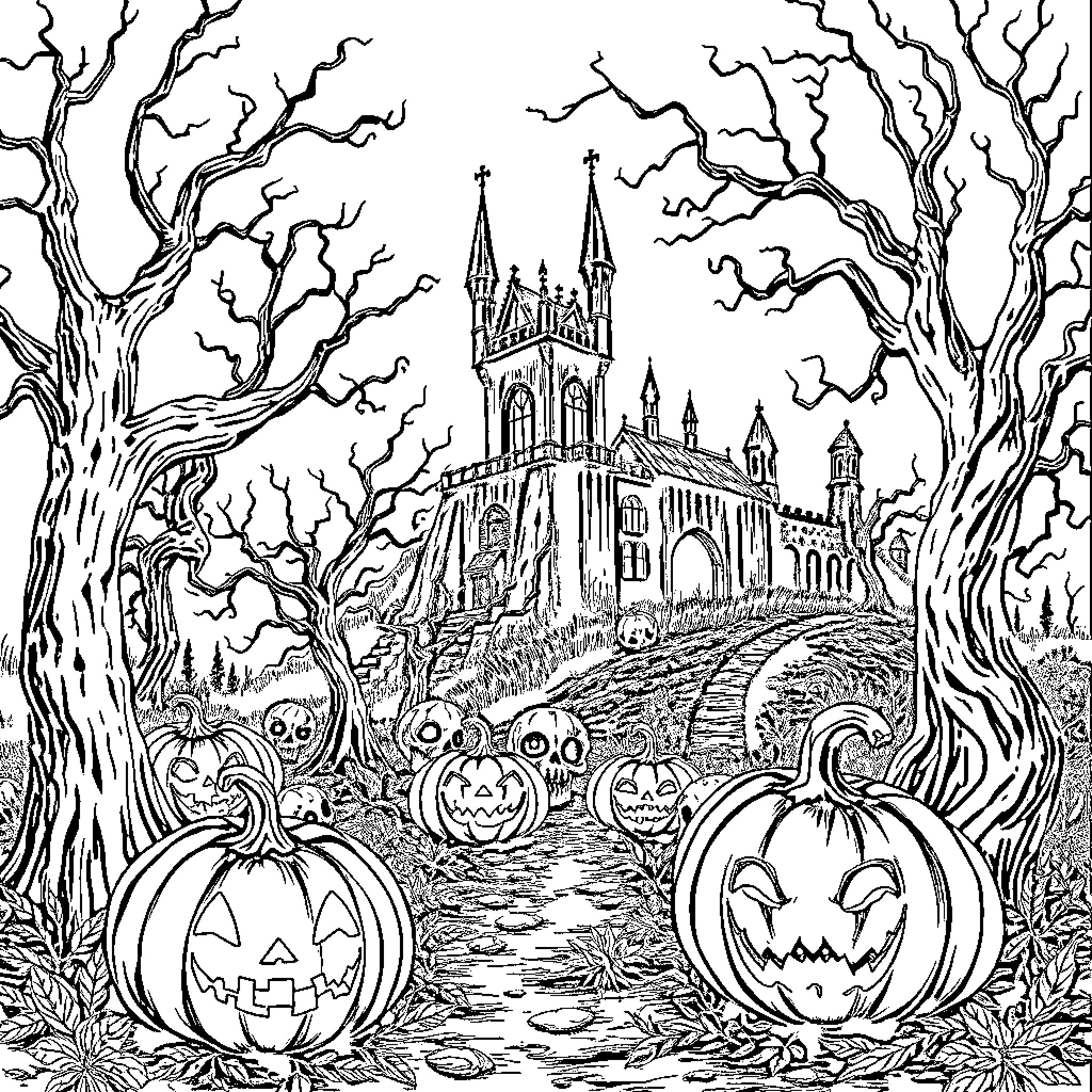 Pumpkins and haunted castle on a spooky night Coloring Page (free black-and-white line drawing printable PDF for all, from beginners to advanced learners, including children, teens, adults, and seniors)