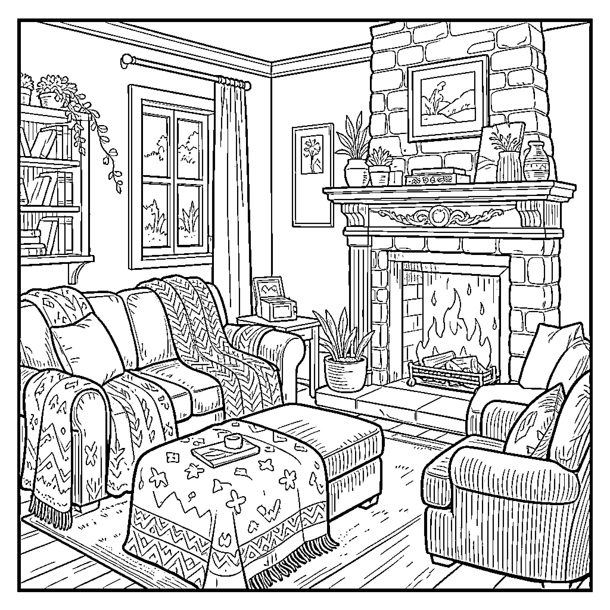 Cozy living room with a warm fireplace and sofa Coloring Page (free black-and-white line drawing printable PDF for all, from beginners to advanced learners, including children, teens, adults, and seniors)