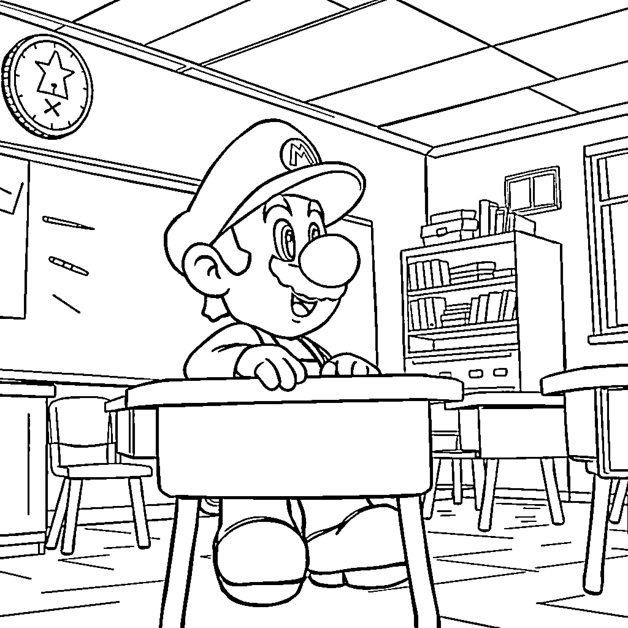 Mario Exploring an Animated Classroom Scene Coloring Page (free black-and-white line drawing printable PDF for all, from beginners to advanced learners, including children, teens, adults, and seniors)