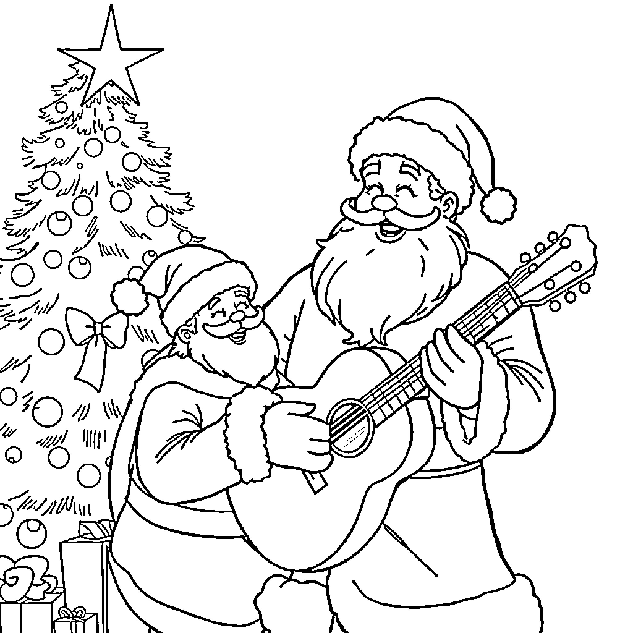 Santa's Helper Singing and Decorating Christmas Tree Coloring Page (free black-and-white line drawing printable PDF for all, from beginners to advanced learners, including children, teens, adults, and seniors)