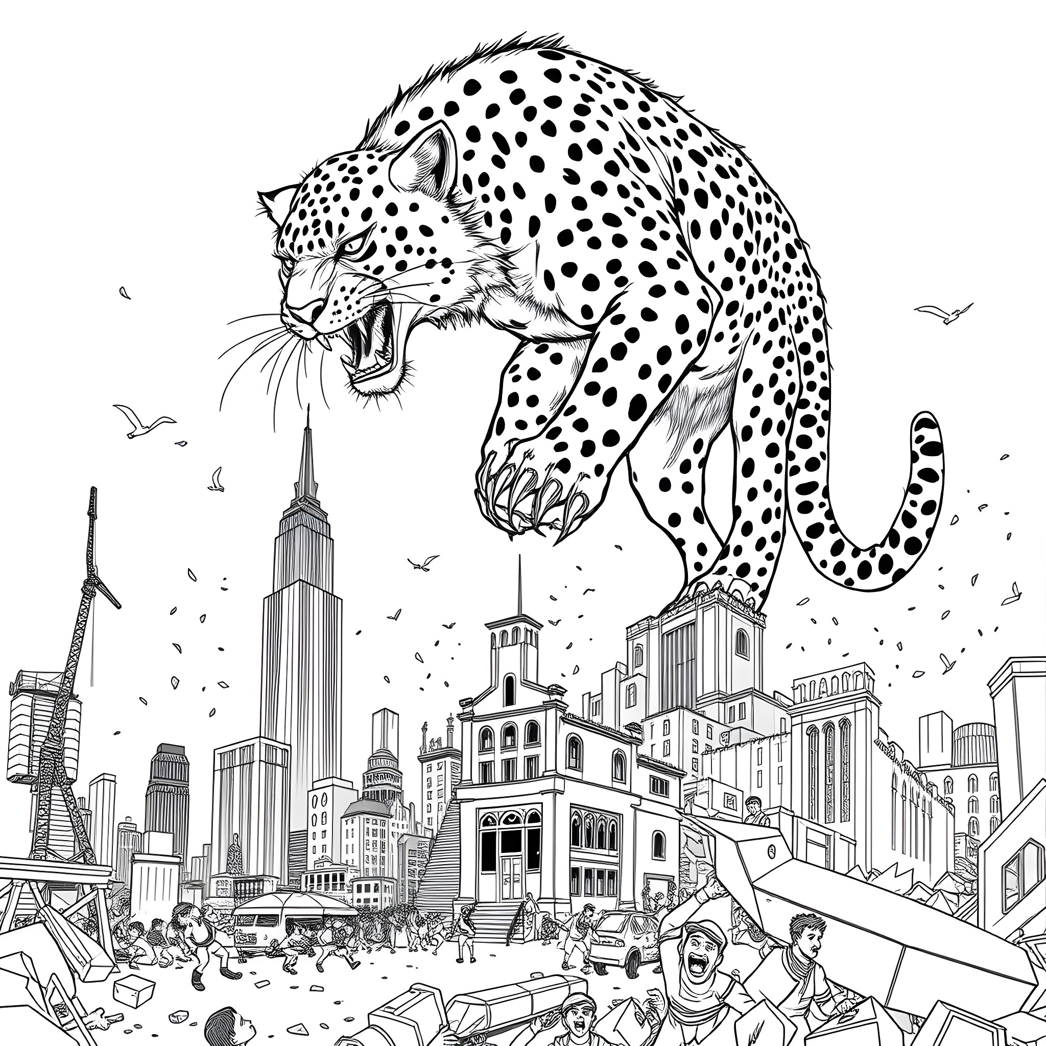 Cat Prowling Above Bustling City Skyline Coloring Page (free black-and-white line drawing printable PDF for all, from beginners to advanced learners, including children, teens, adults, and seniors)