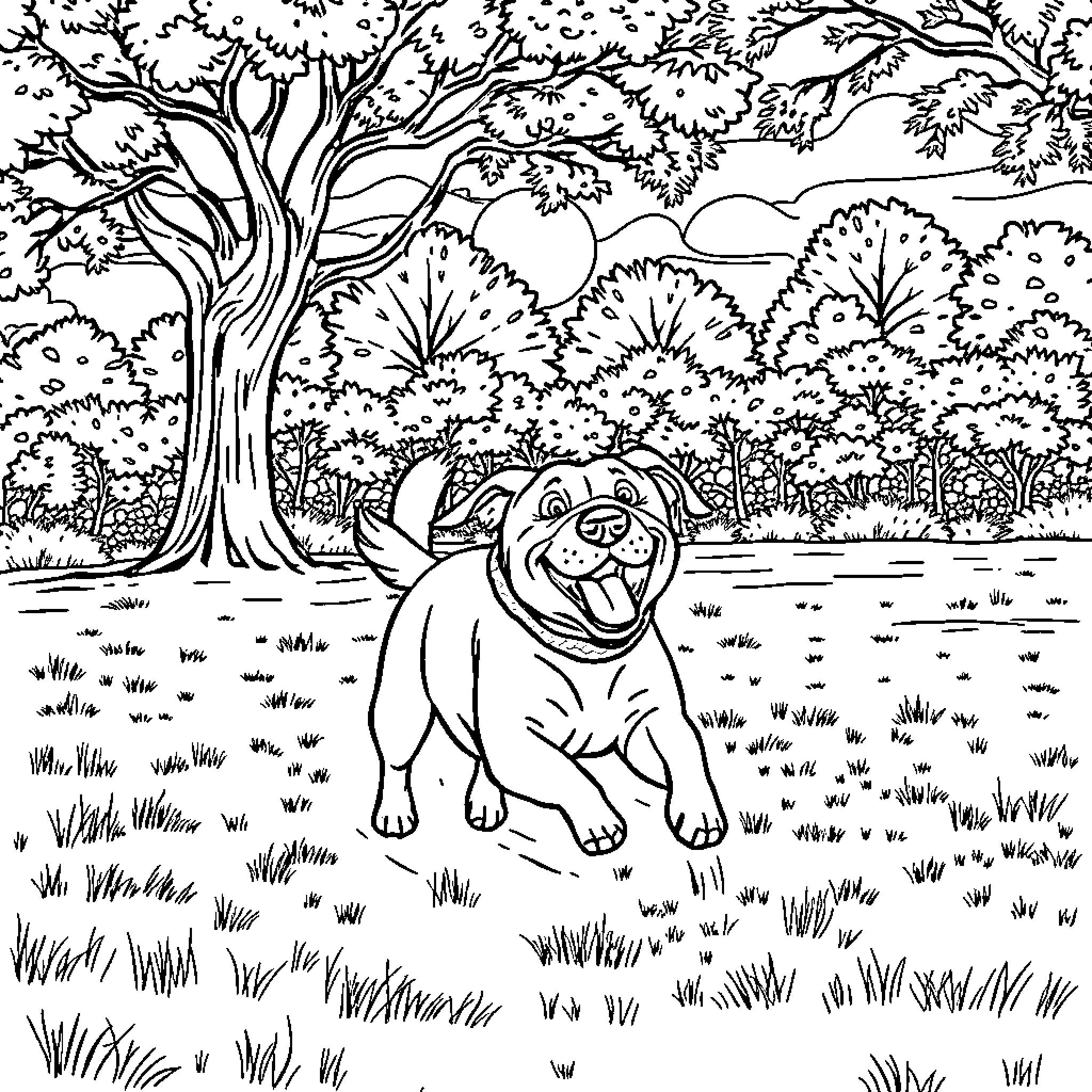Dog playing happily in the forest Coloring Page (free black-and-white line drawing printable PDF for all, from beginners to advanced learners, including children, teens, adults, and seniors)