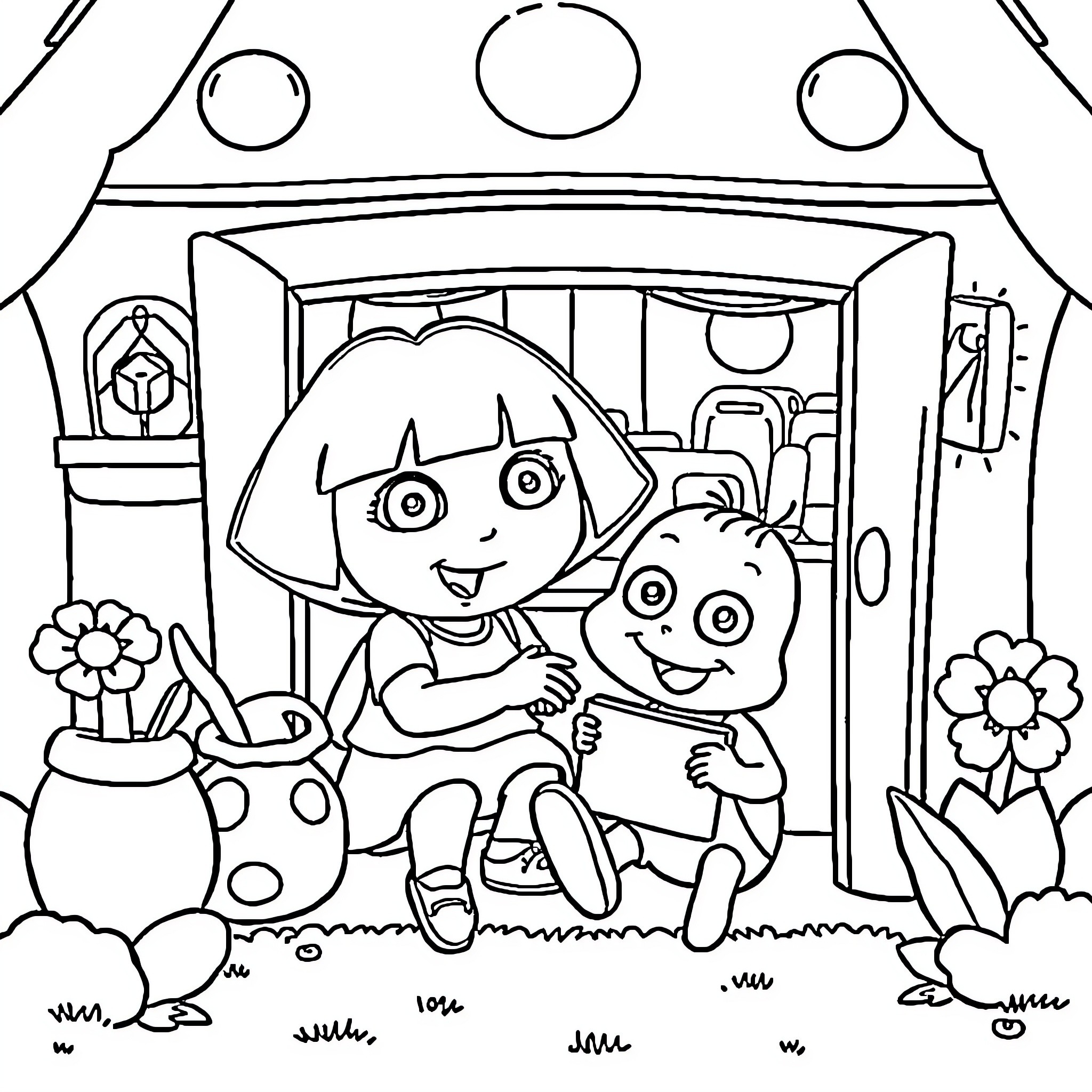 Dora and Boots exploring a new adventure Coloring Page (free black-and-white line drawing printable PDF for all, from beginners to advanced learners, including children, teens, adults, and seniors)