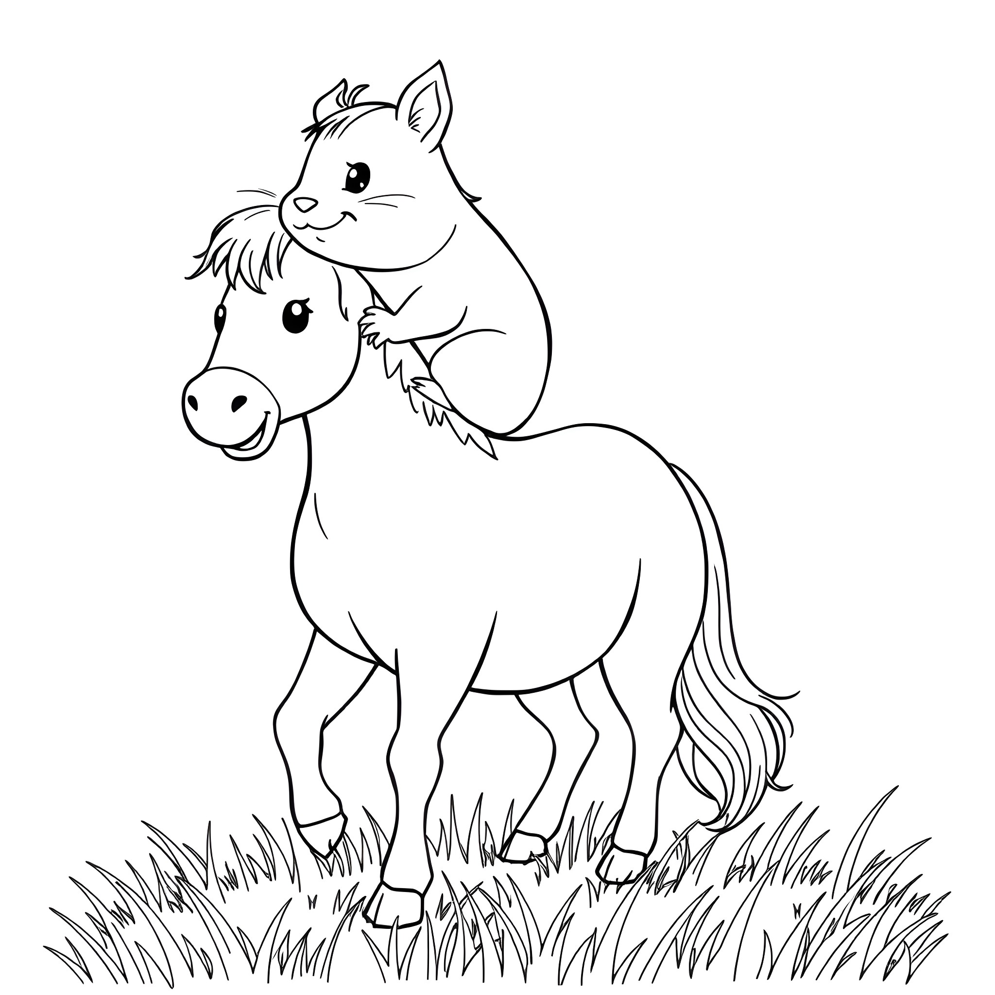 Hamster riding a pony in the field Coloring Page (free black-and-white line drawing printable PDF for all, from beginners to advanced learners, including children, teens, adults, and seniors)