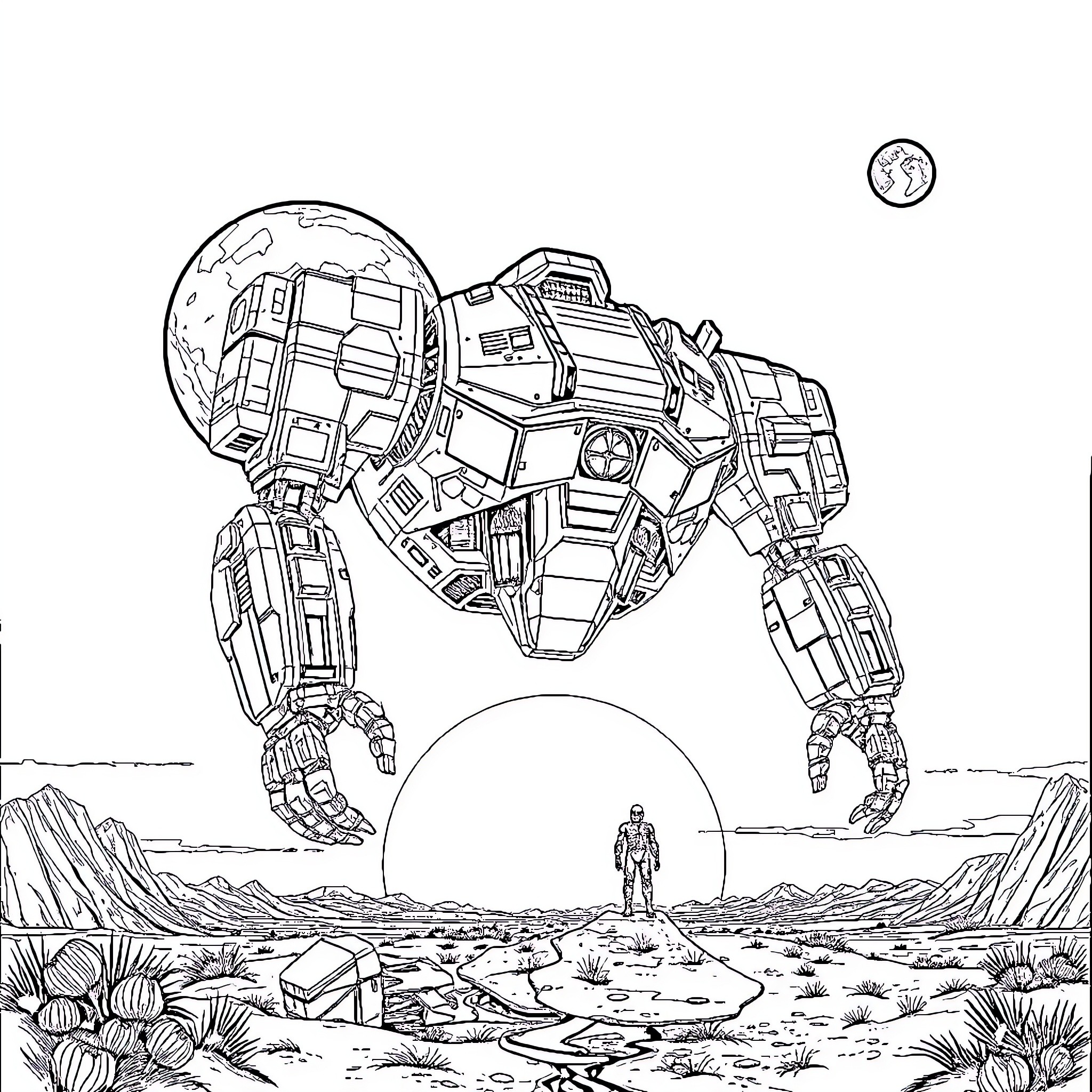 Cyborg Mech Towering Over Lone Human in Alien Landscape Coloring Page (free black-and-white line drawing printable PDF for all, from beginners to advanced learners, including children, teens, adults, and seniors)