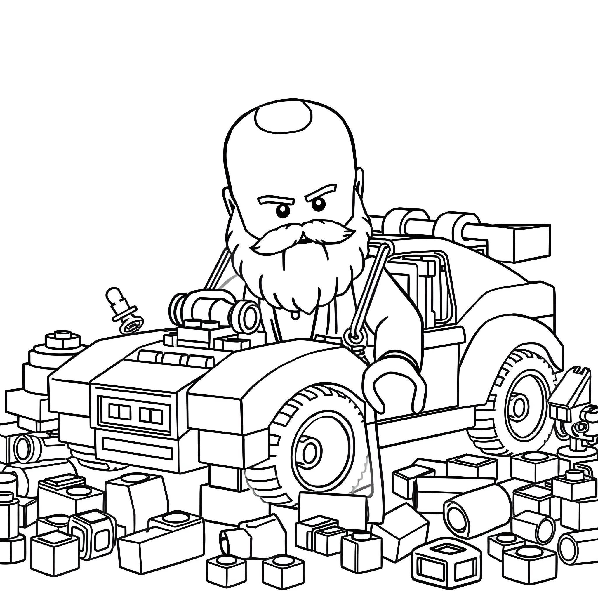 LEGO Minifigure driving a truck filled with bricks Coloring Page (free black-and-white line drawing printable PDF for all, from beginners to advanced learners, including children, teens, adults, and seniors)