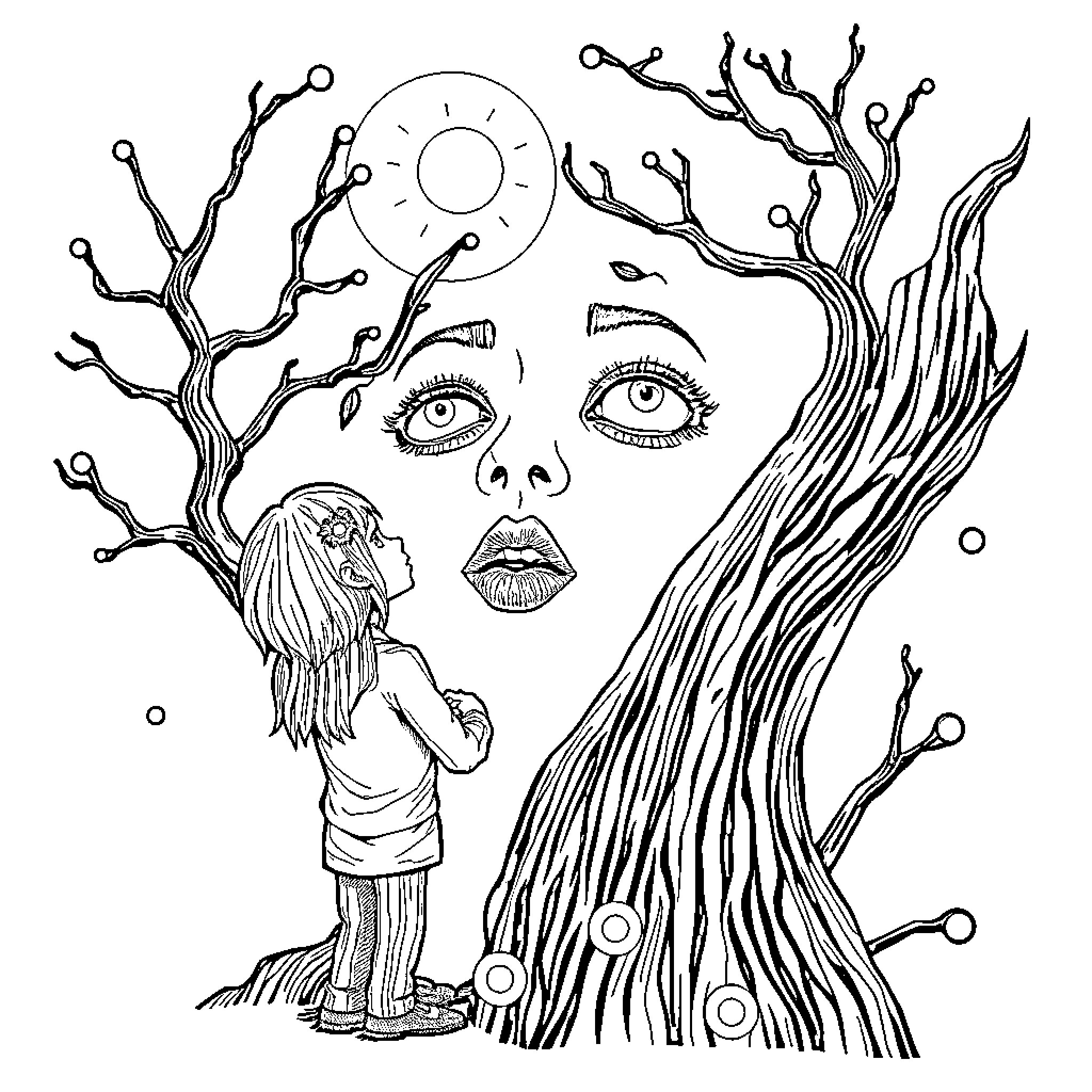 Life amidst the surreal and the whimsical Coloring Page (free black-and-white line drawing printable PDF for all, from beginners to advanced learners, including children, teens, adults, and seniors)