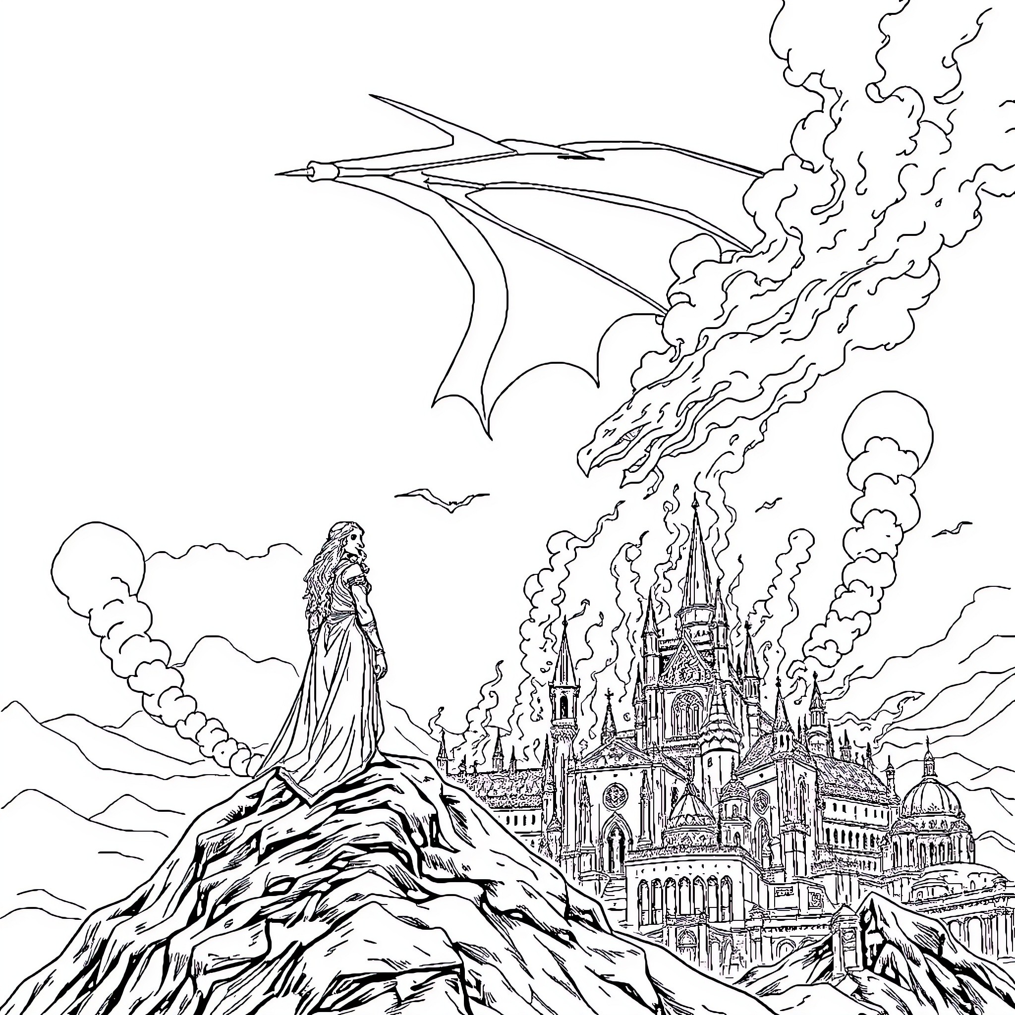 Daenerys Overlooking the Fiery Conquest of Essos Coloring Page (free black-and-white line drawing printable PDF for all, from beginners to advanced learners, including children, teens, adults, and seniors)