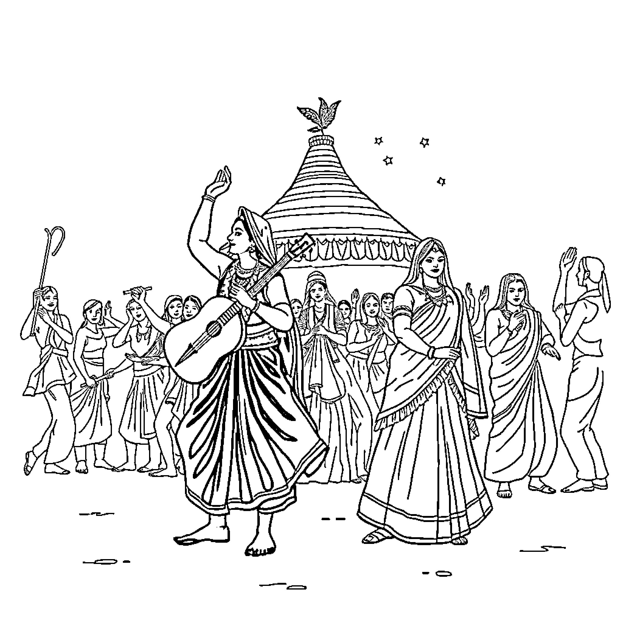 Jharkhand cultural dance and festivity Coloring Page (free black-and-white line drawing printable PDF for all, from beginners to advanced learners, including children, teens, adults, and seniors)
