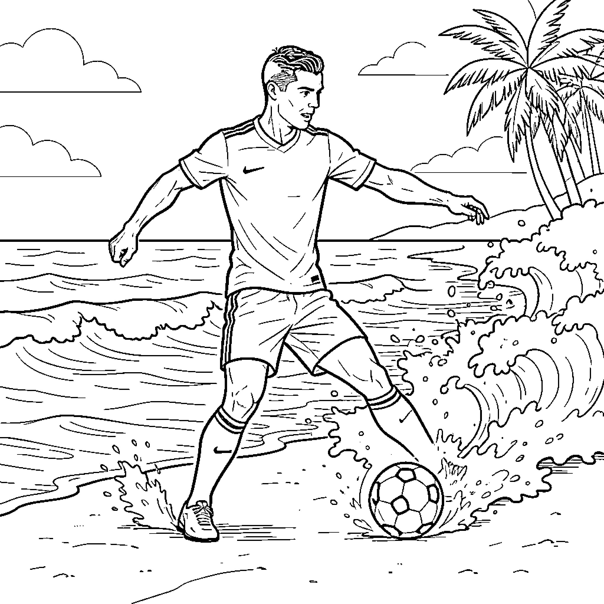 Cristiano Ronaldo playing soccer on a tropical beach Coloring Page (free black-and-white line drawing printable PDF for all, from beginners to advanced learners, including children, teens, adults, and seniors)