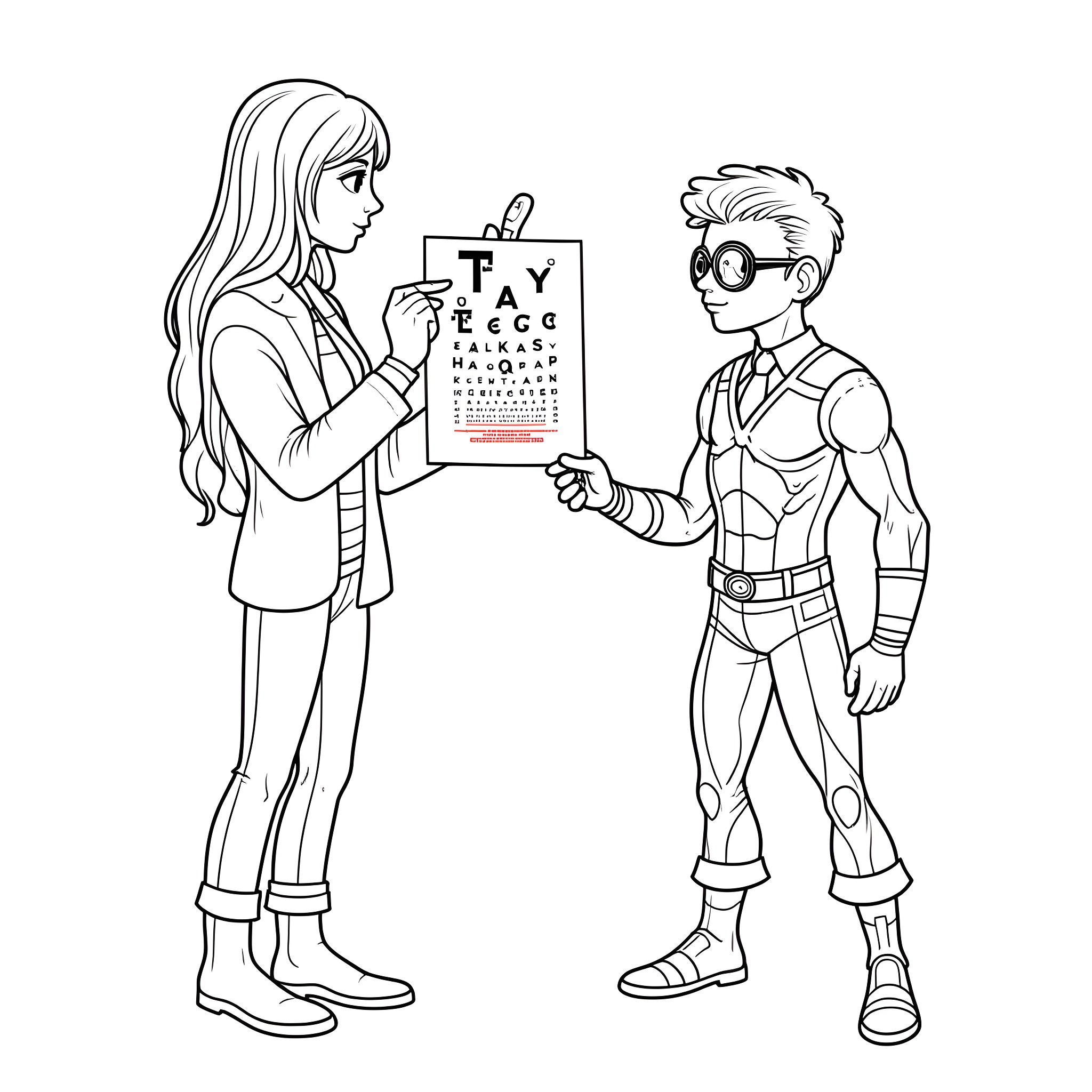 Cyclops-themed eye exam for a superhero Coloring Page (free black-and-white line drawing printable PDF for all, from beginners to advanced learners, including children, teens, adults, and seniors)