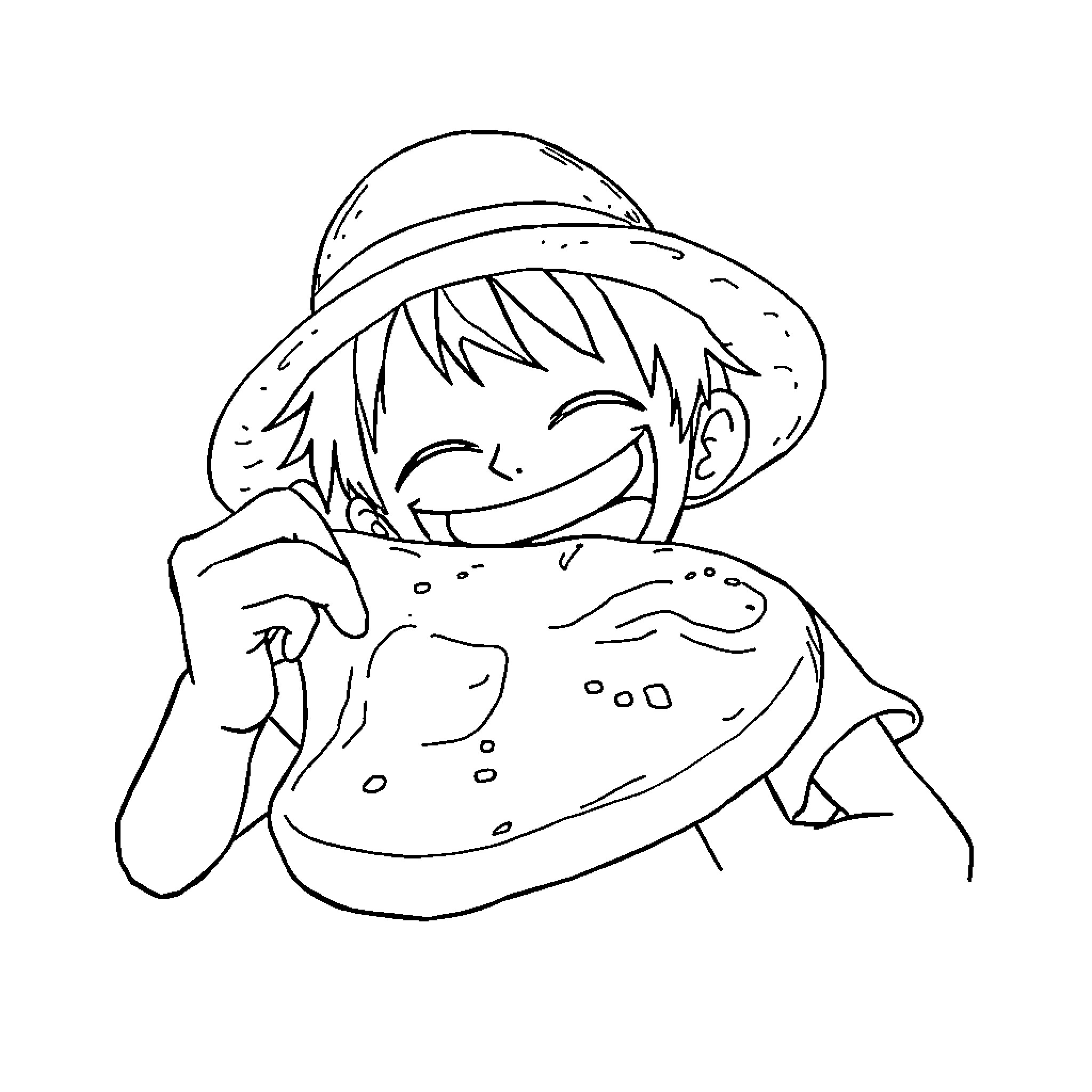 Luffy enjoying a tasty watermelon in the sunshine Coloring Page (free black-and-white line drawing printable PDF for all, from beginners to advanced learners, including children, teens, adults, and seniors)