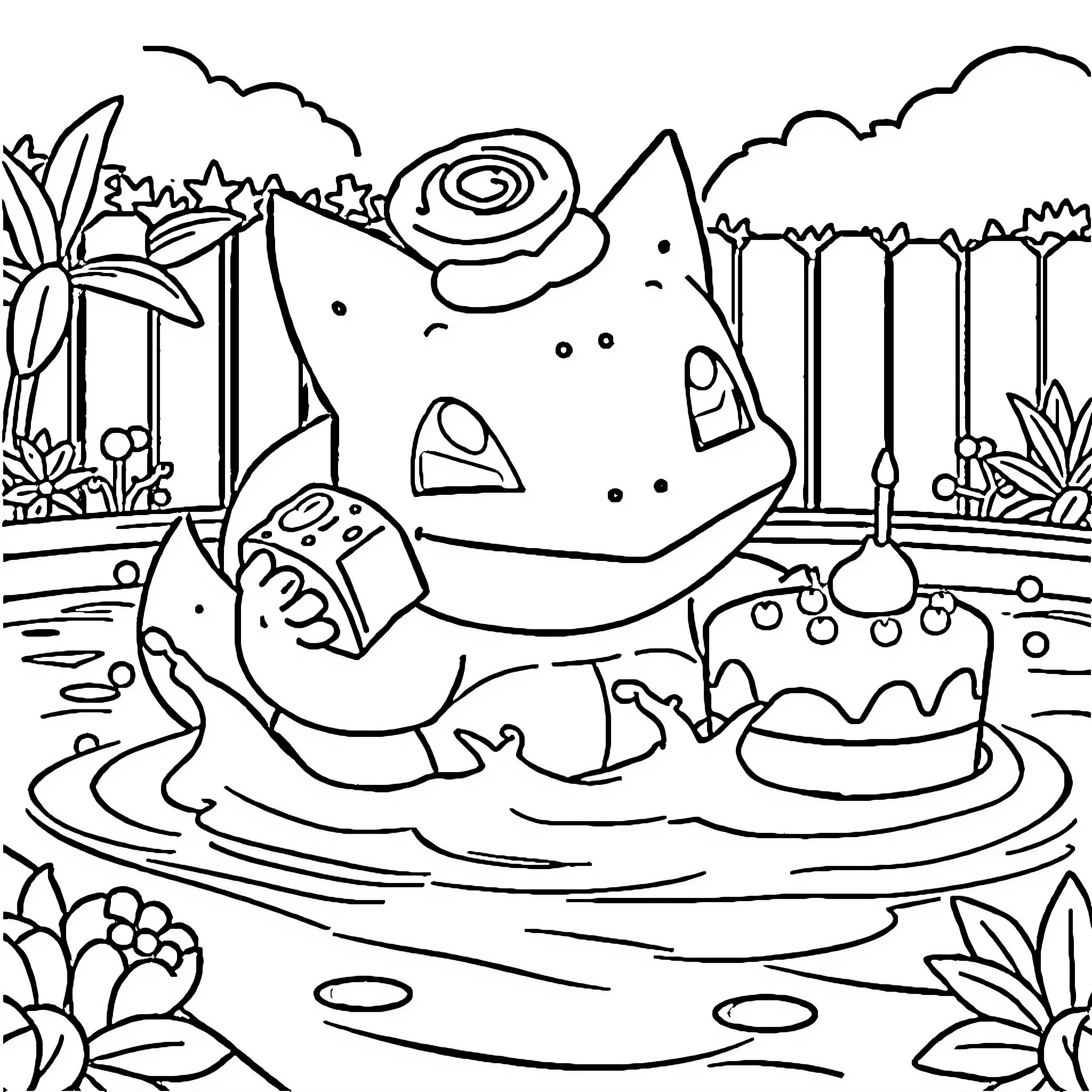 Bulbasaur relaxing in a pond with a birthday cake Coloring Page (free black-and-white line drawing printable PDF for all, from beginners to advanced learners, including children, teens, adults, and seniors)