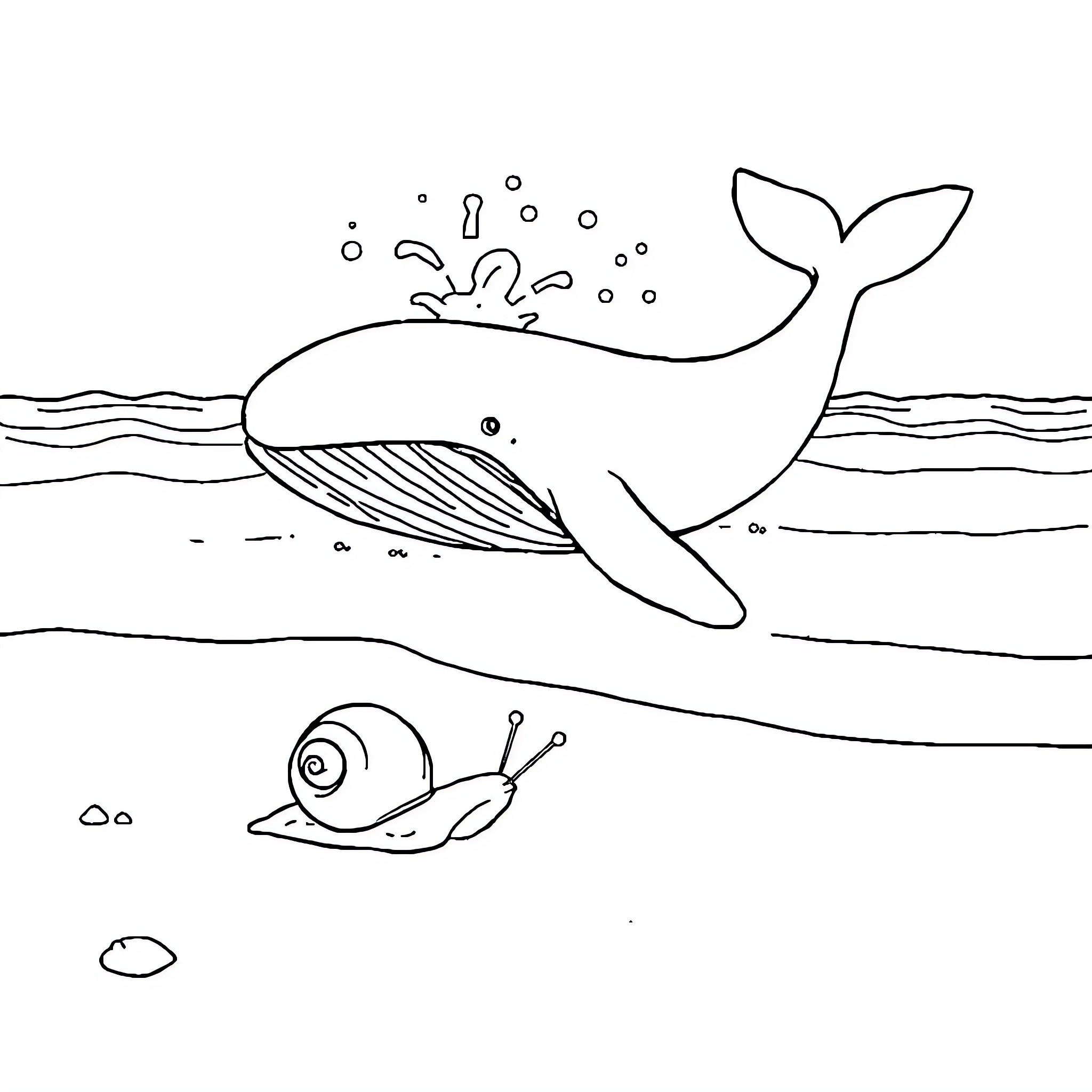 Snail and Whale exploring the ocean Coloring Page (free black-and-white line drawing printable PDF for all, from beginners to advanced learners, including children, teens, adults, and seniors)