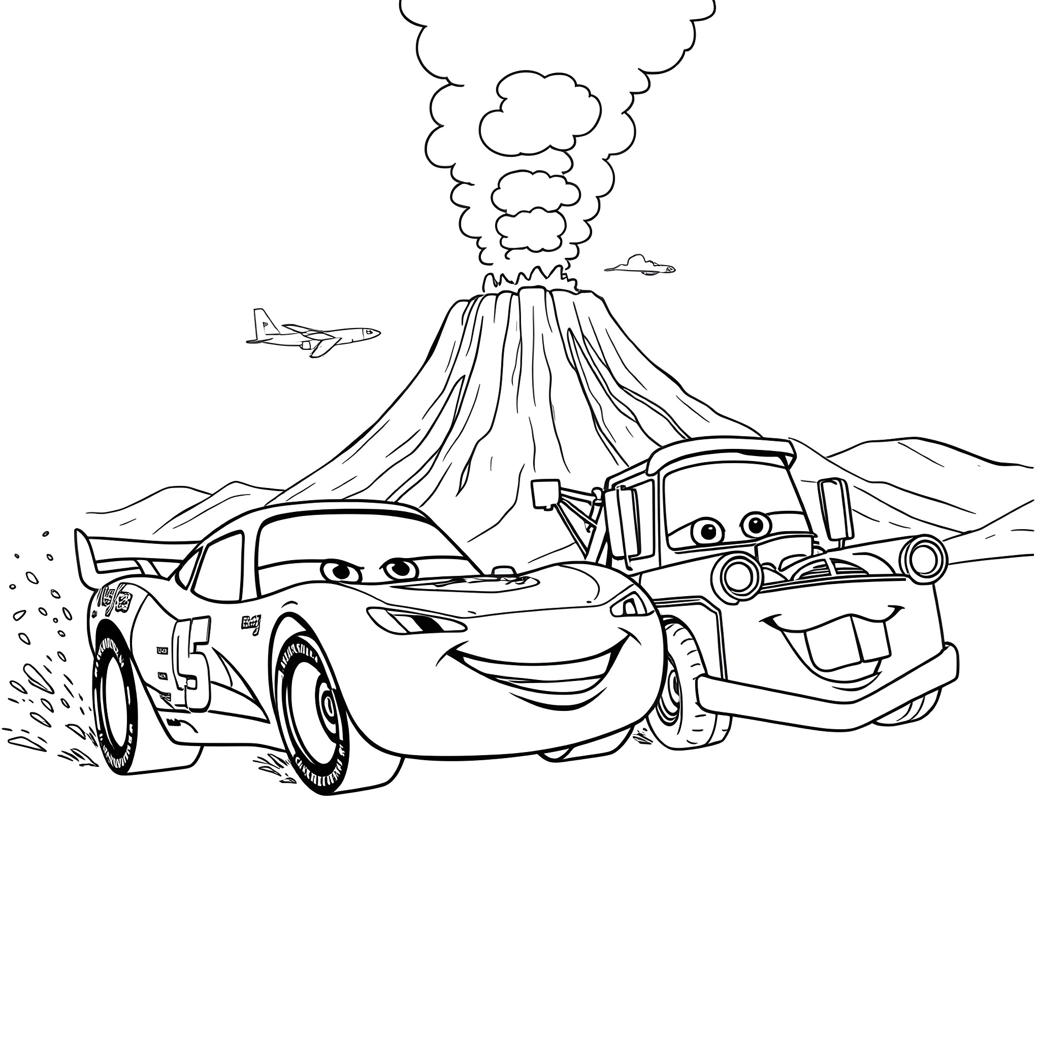 McQueen and Mater Explore a Volcanic Landscape Coloring Page (free black-and-white line drawing printable PDF for all, from beginners to advanced learners, including children, teens, adults, and seniors)