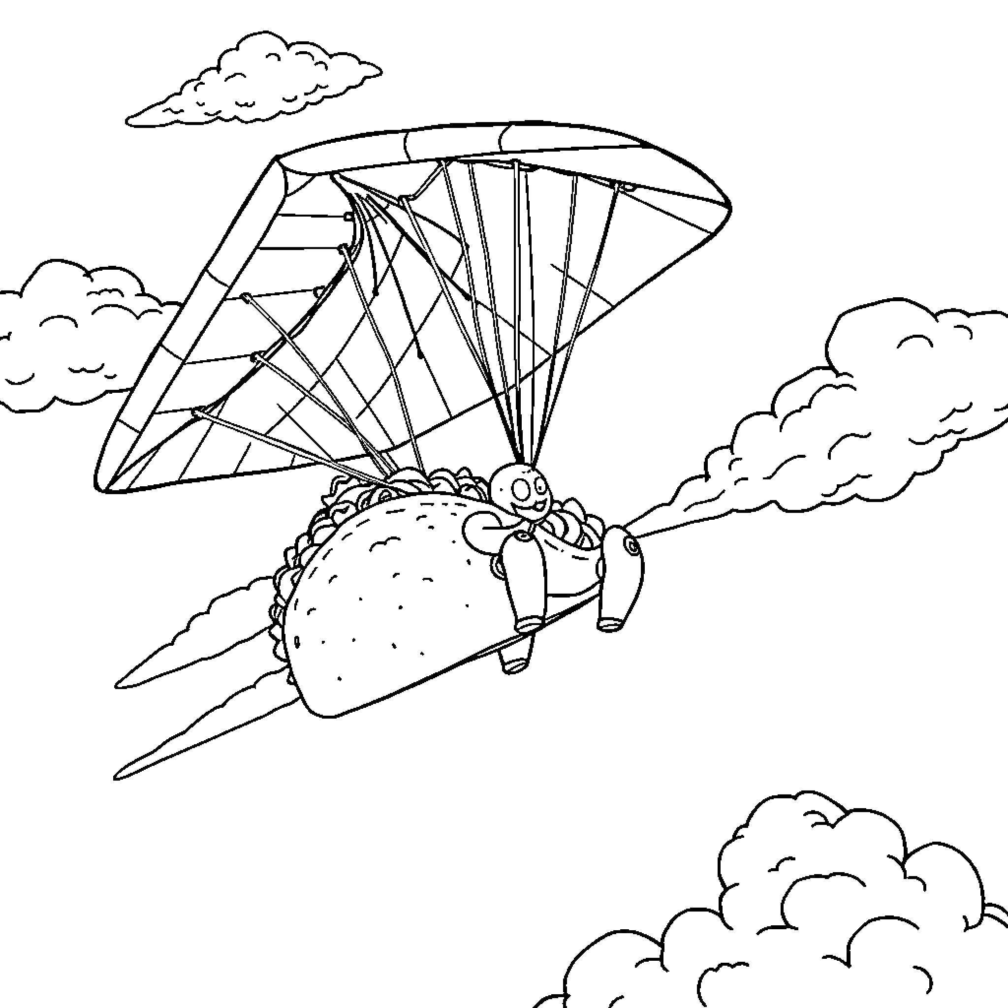Taco skydiving through the clouds Coloring Page (free black-and-white line drawing printable PDF for all, from beginners to advanced learners, including children, teens, adults, and seniors)