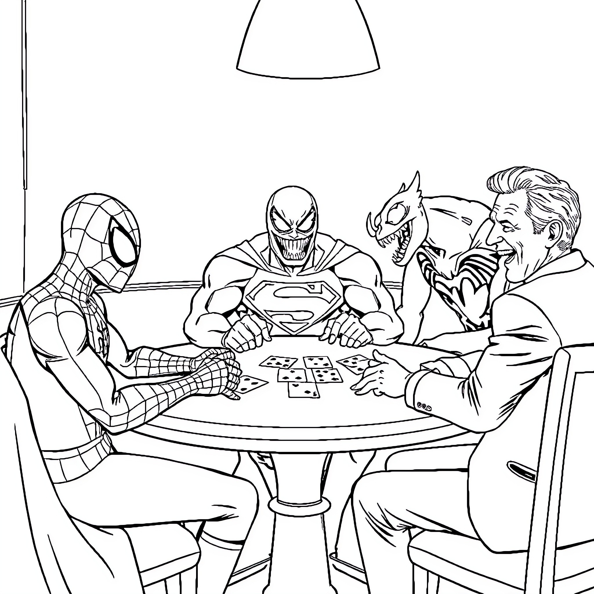 Spider-Man Joins Superheroes for a Card Game Night Coloring Page (free black-and-white line drawing printable PDF for all, from beginners to advanced learners, including children, teens, adults, and seniors)