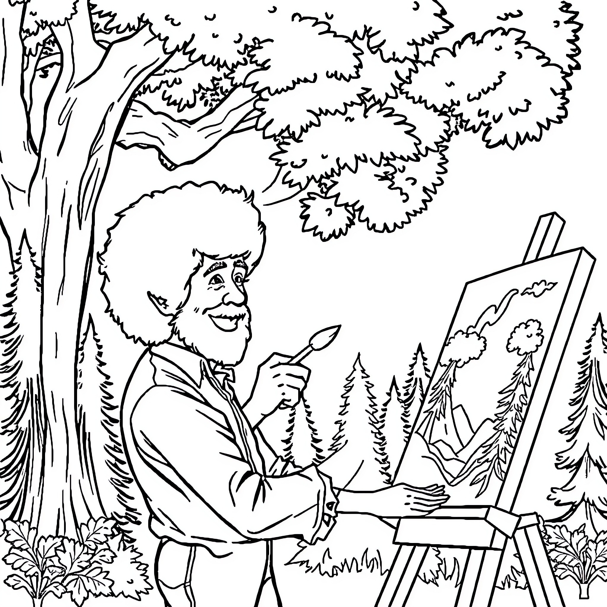 Bob Ross painting joyfully in the forest Coloring Page (free black-and-white line drawing printable PDF for all, from beginners to advanced learners, including children, teens, adults, and seniors)