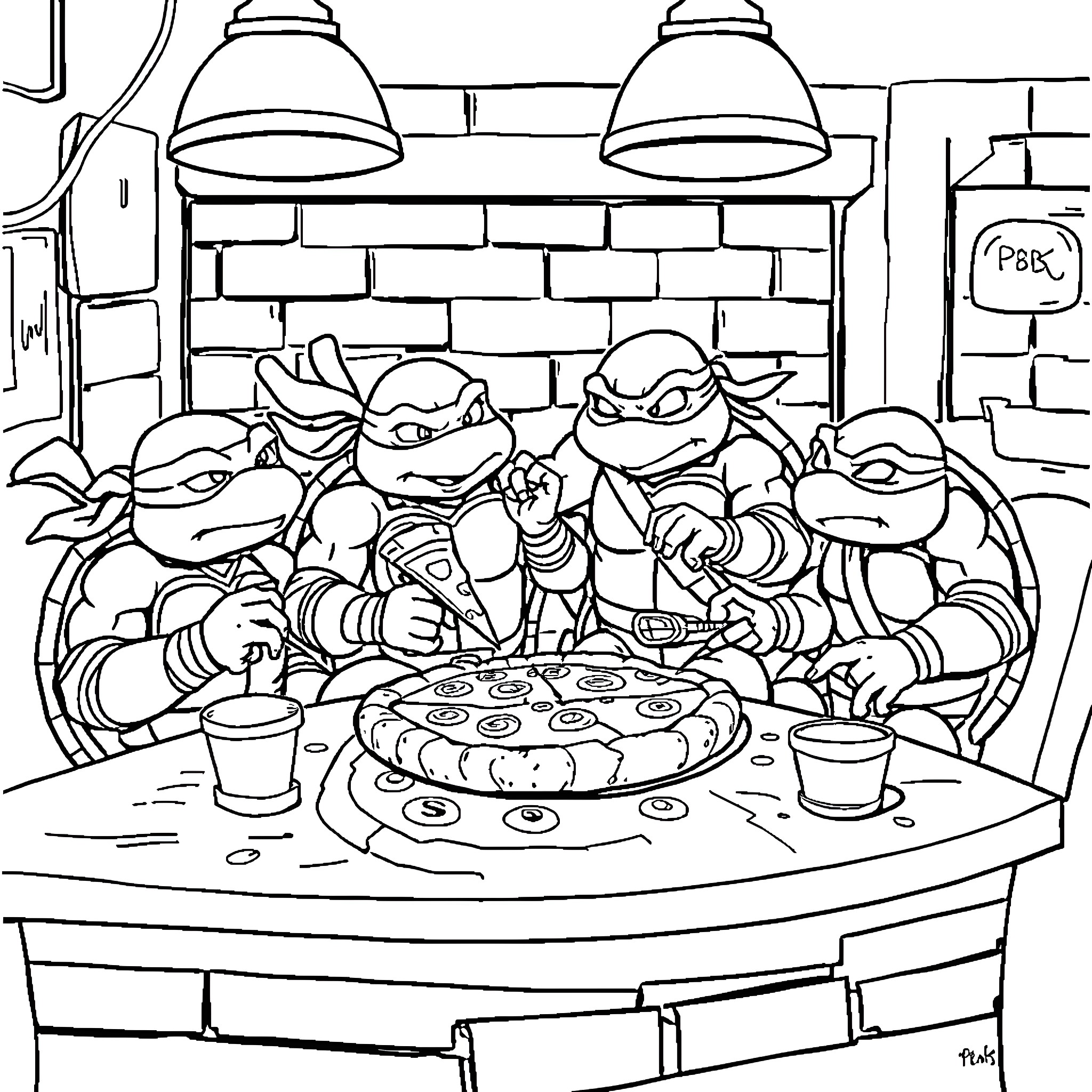 Teenage Mutant Ninja Turtles Enjoying a Pizza Party Coloring Page (free black-and-white line drawing printable PDF for all, from beginners to advanced learners, including children, teens, adults, and seniors)