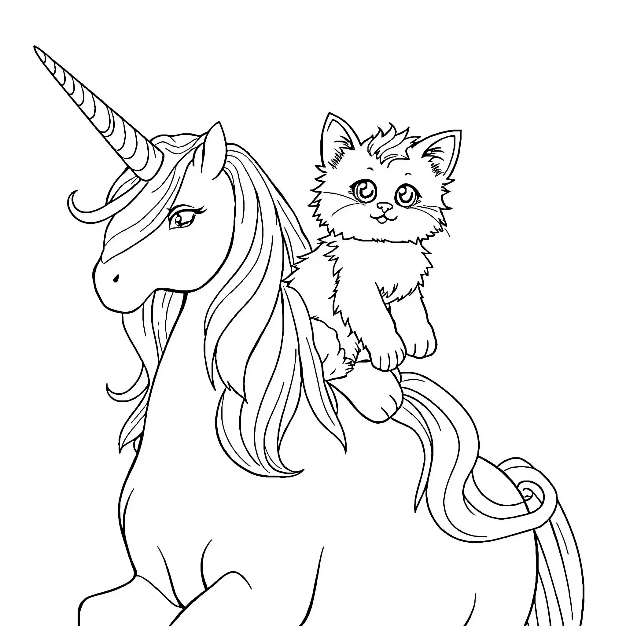 Kitten riding on a unicorn's back Coloring Page (free black-and-white line drawing printable PDF for all, from beginners to advanced learners, including children, teens, adults, and seniors)