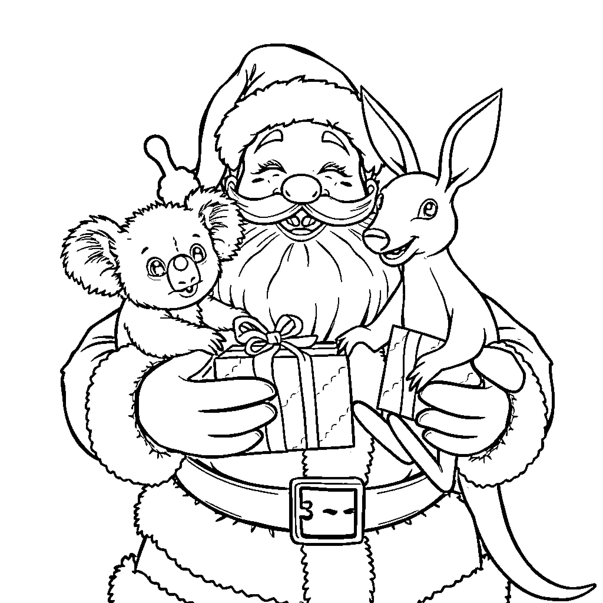 Santa surrounded by joyful holiday companions Coloring Page (free black-and-white line drawing printable PDF for all, from beginners to advanced learners, including children, teens, adults, and seniors)