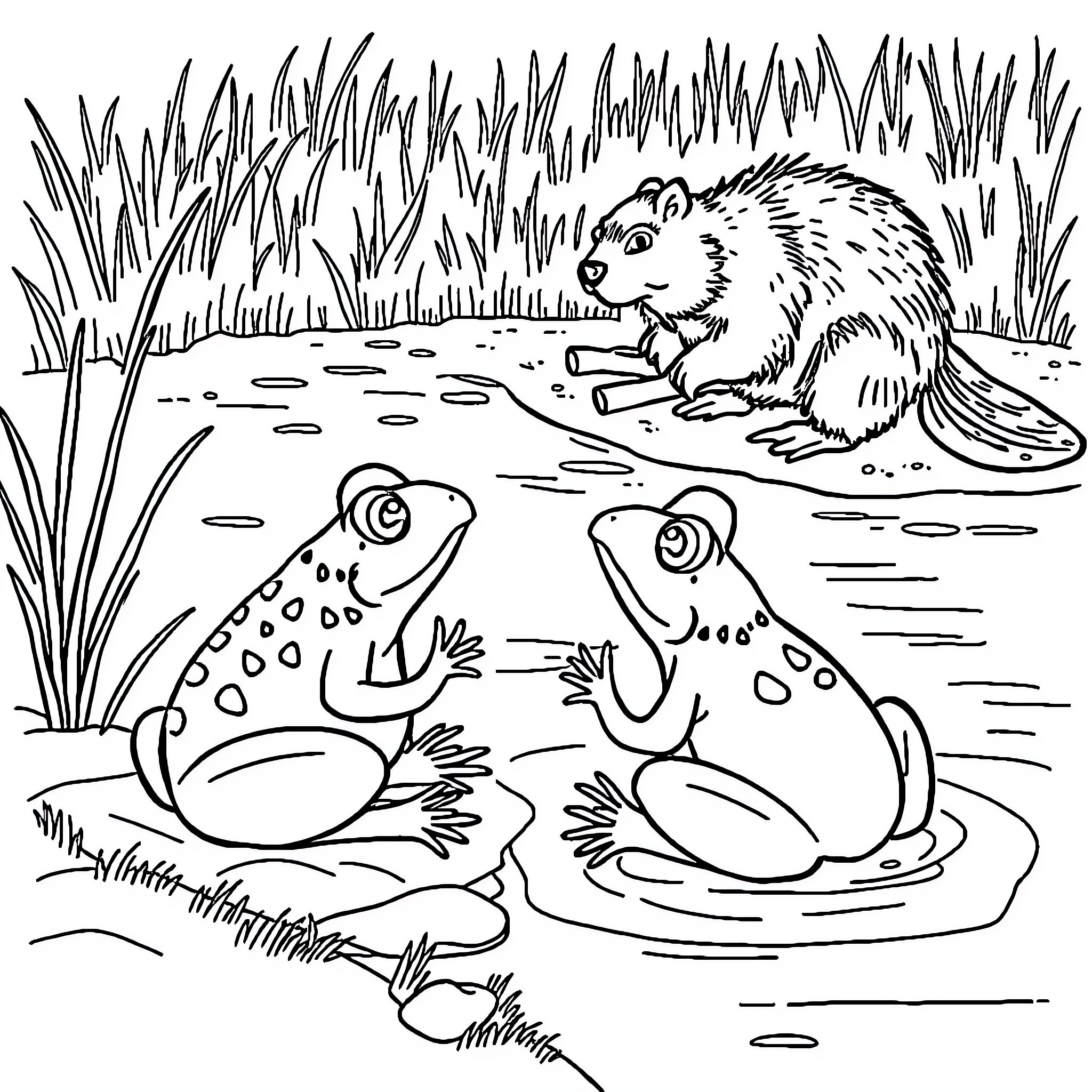 Frog and Beaver in Pond Coloring Page (free black-and-white line drawing printable PDF for all, from beginners to advanced learners, including children, teens, adults, and seniors)