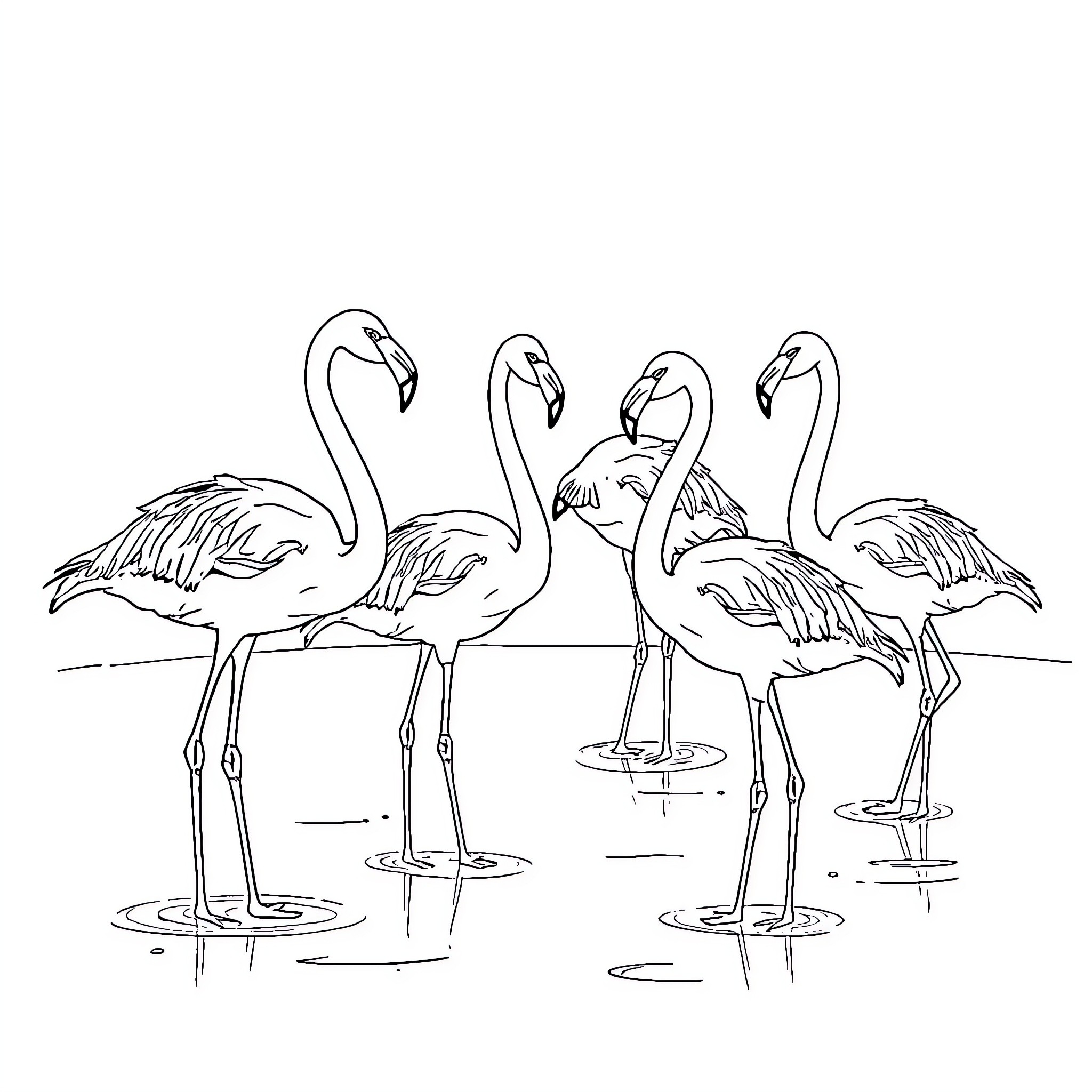 Flamingos standing in shallow water Coloring Page (free black-and-white line drawing printable PDF for all, from beginners to advanced learners, including children, teens, adults, and seniors)