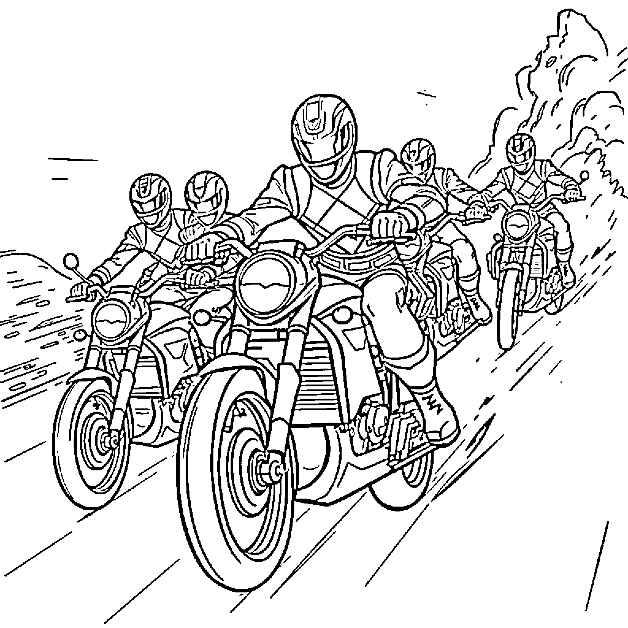 Power Rangers racing on futuristic motorcycles Coloring Page (free black-and-white line drawing printable PDF for all, from beginners to advanced learners, including children, teens, adults, and seniors)