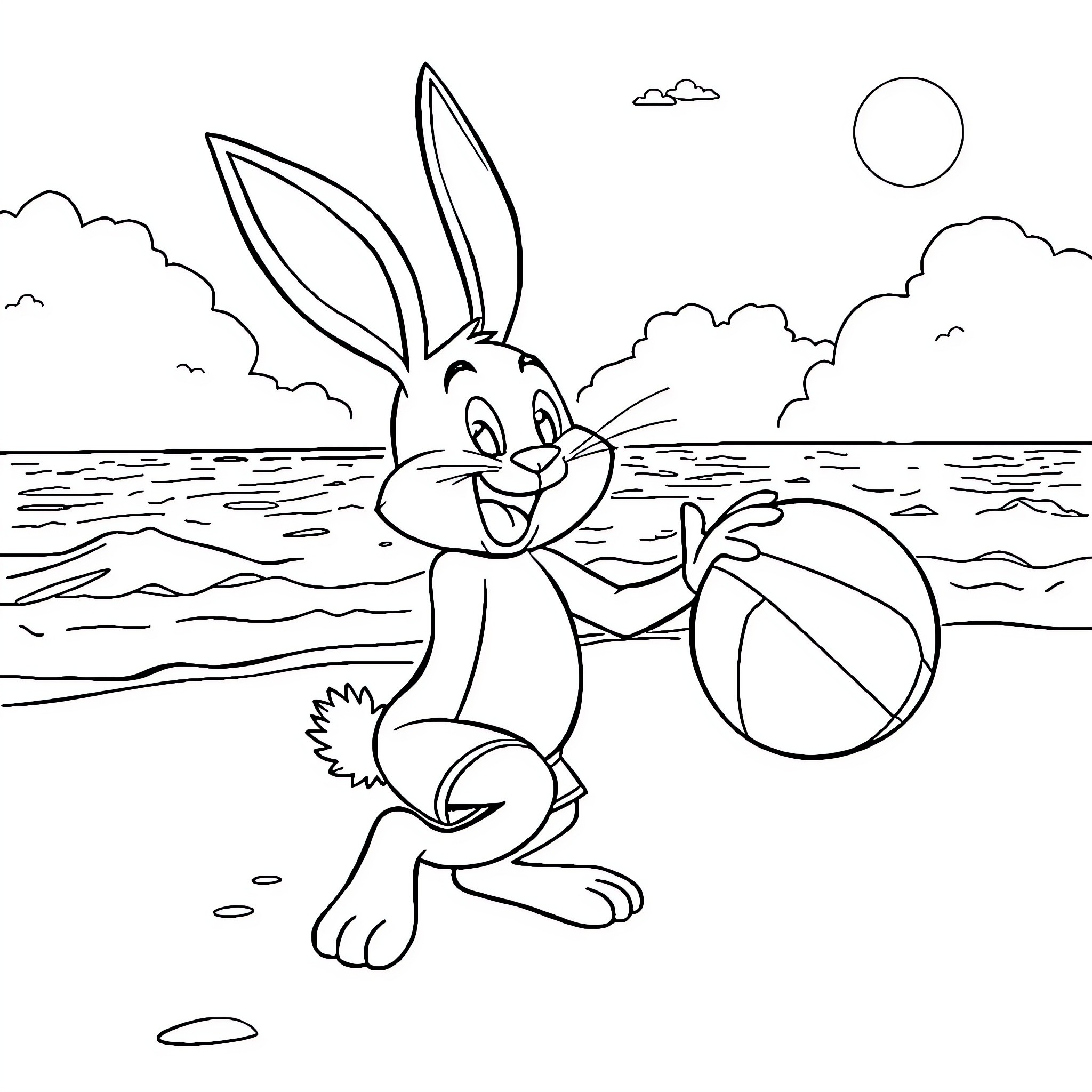Rabbit playing joyfully with beach ball on the shore Coloring Page (free black-and-white line drawing printable PDF for all, from beginners to advanced learners, including children, teens, adults, and seniors)