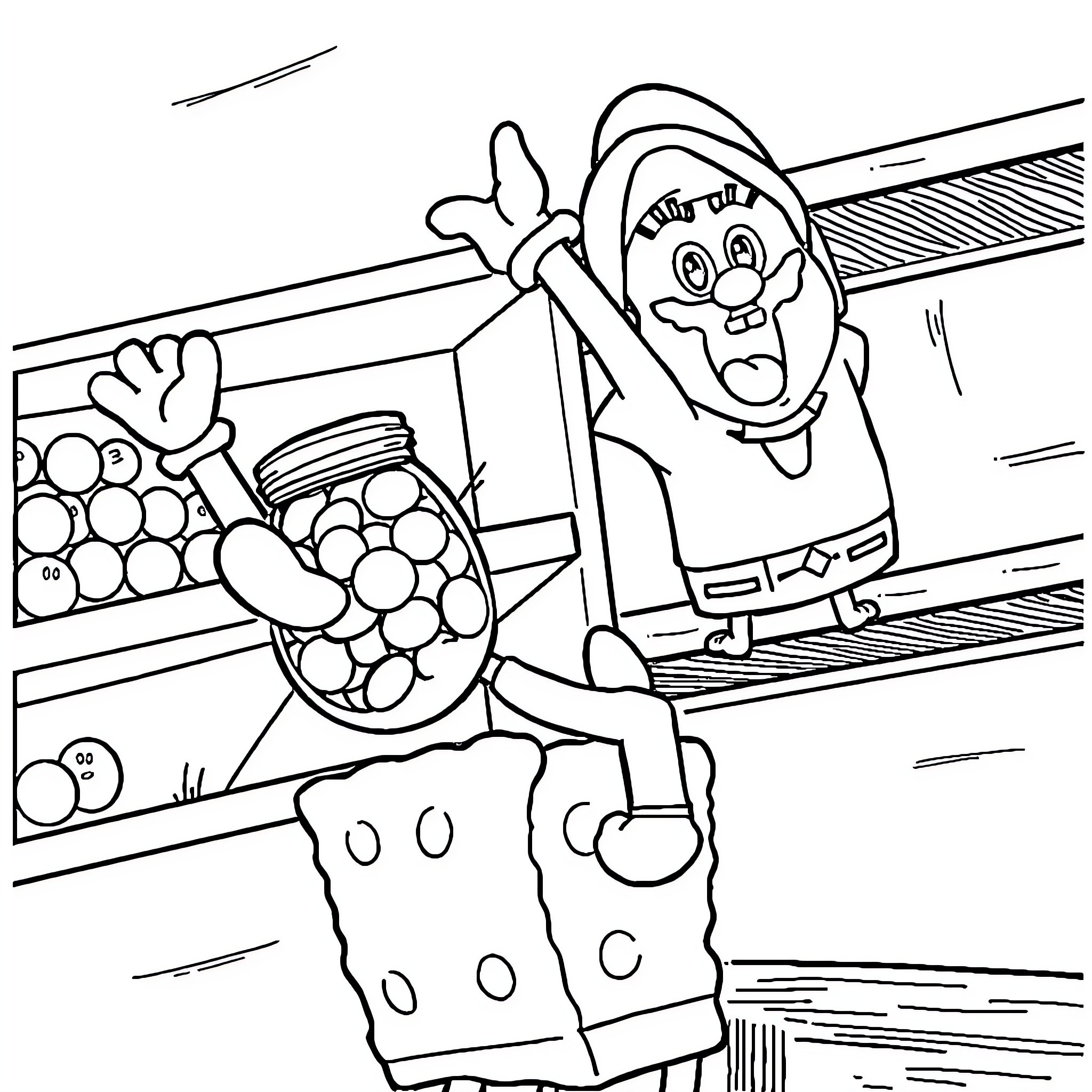 Mario Happily Reaching for Treats in Pantry Coloring Page (free black-and-white line drawing printable PDF for all, from beginners to advanced learners, including children, teens, adults, and seniors)