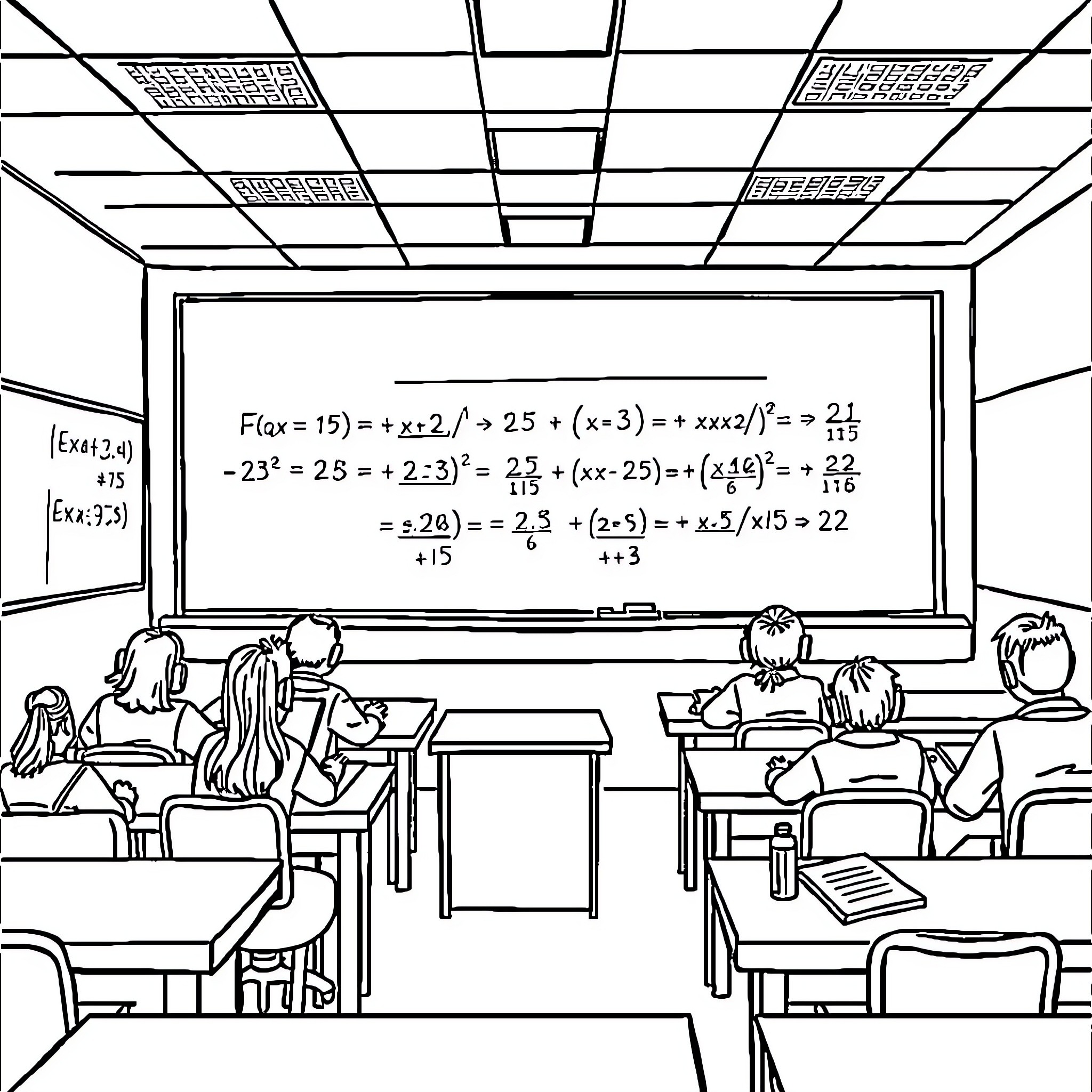 Math classroom with students solving equations on the board Coloring Page (free black-and-white line drawing printable PDF for all, from beginners to advanced learners, including children, teens, adults, and seniors)