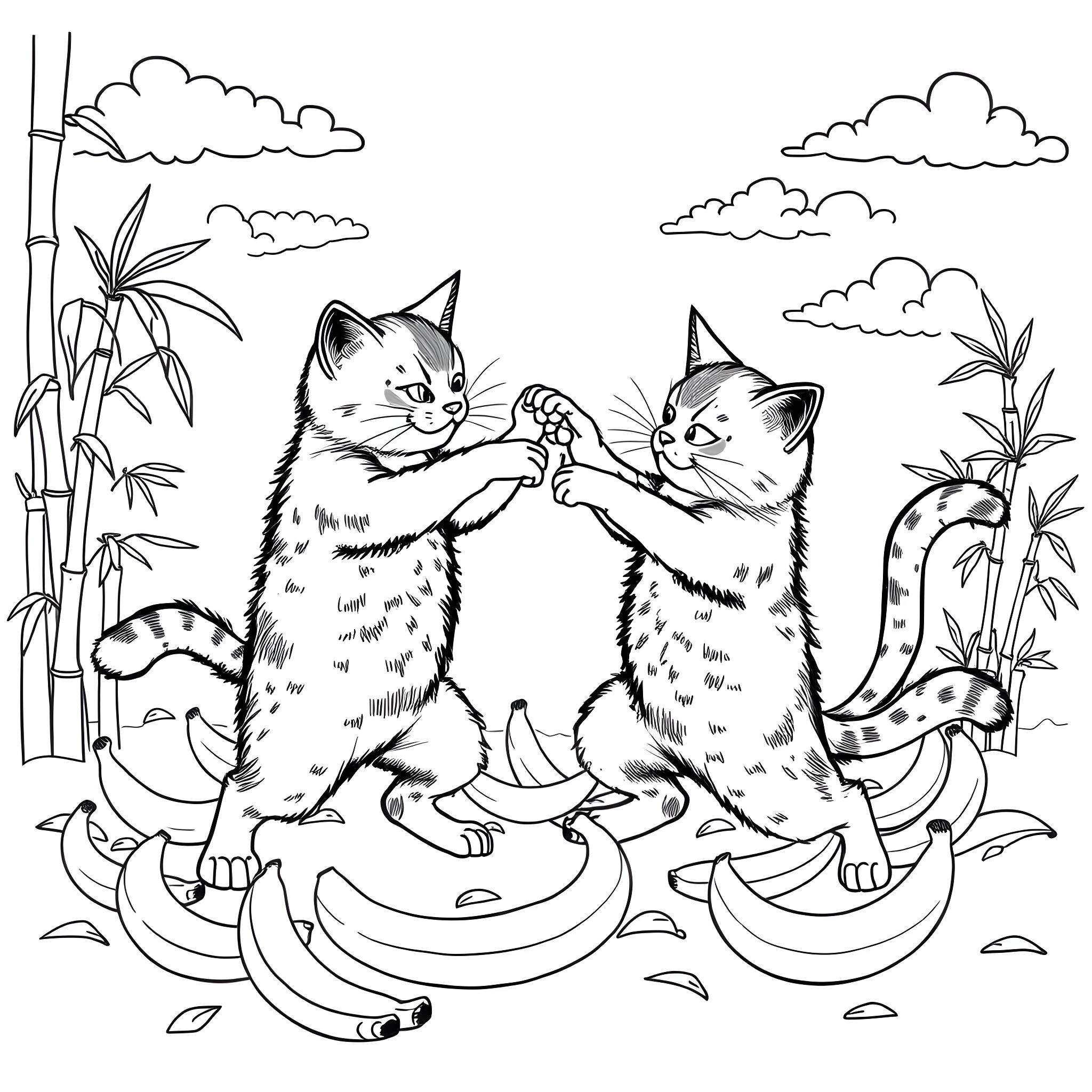 Cats playing together in nature Coloring Page (free black-and-white line drawing printable PDF for all, from beginners to advanced learners, including children, teens, adults, and seniors)