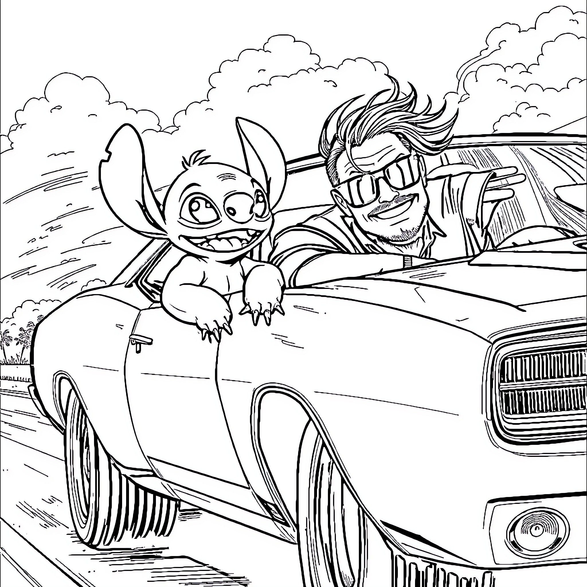 Dodge Charger driving with animated characters Coloring Page (free black-and-white line drawing printable PDF for all, from beginners to advanced learners, including children, teens, adults, and seniors)