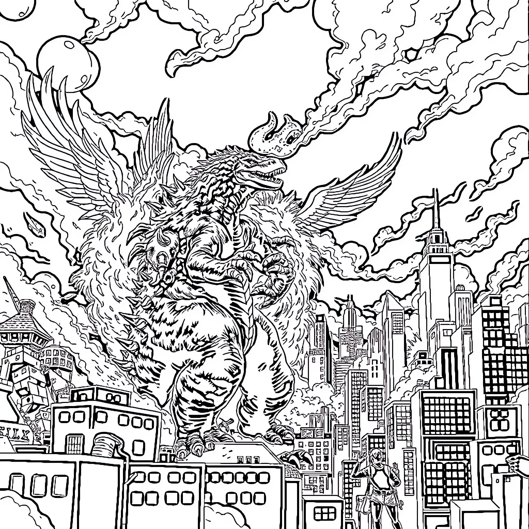 Godzilla rampaging through the city with wings Coloring Page (free black-and-white line drawing printable PDF for all, from beginners to advanced learners, including children, teens, adults, and seniors)