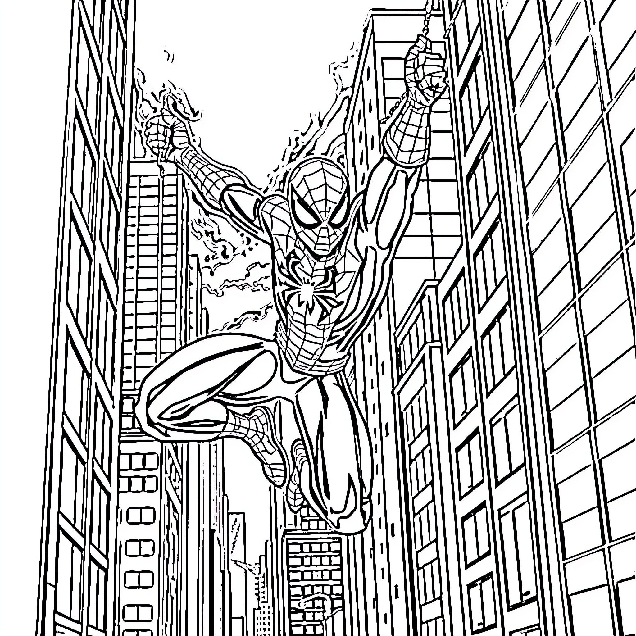 Spiderman swinging through the city skyscrapers Coloring Page (free black-and-white line drawing printable PDF for all, from beginners to advanced learners, including children, teens, adults, and seniors)