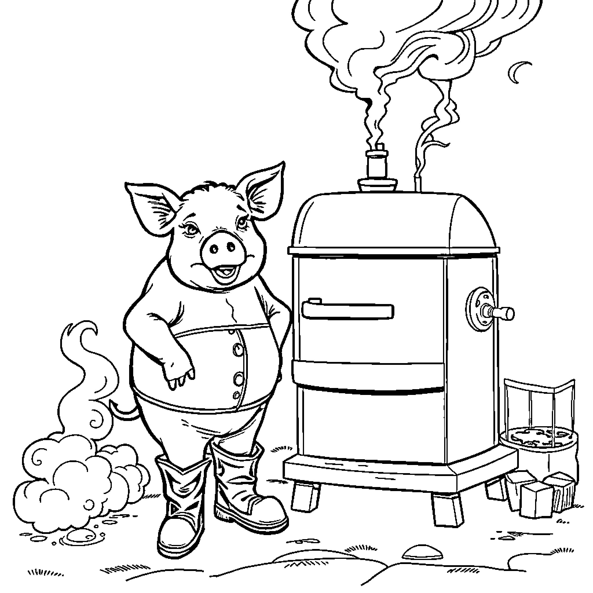 Pig happily grilling outdoors with smoker Coloring Page (free black-and-white line drawing printable PDF for all, from beginners to advanced learners, including children, teens, adults, and seniors)